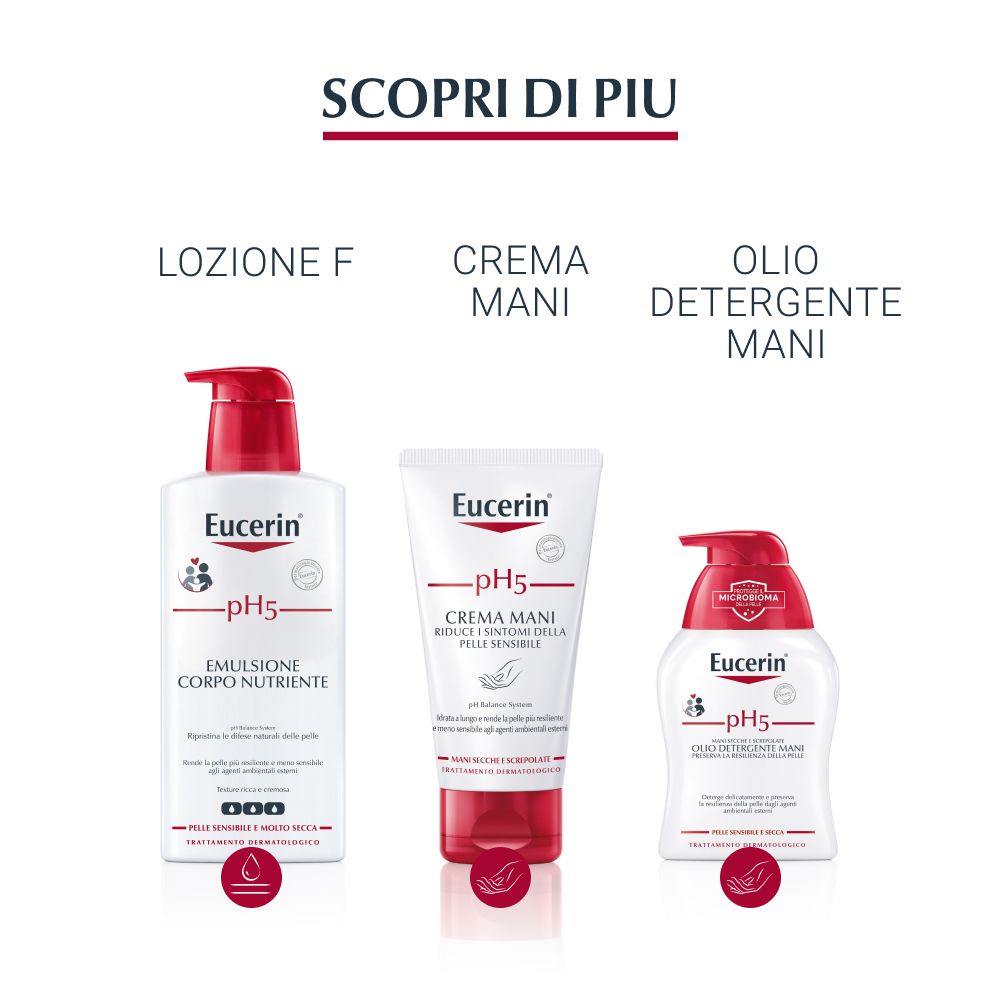 Tre prodotti Eucerin pH5: lozione, crema mani e olio detergente.