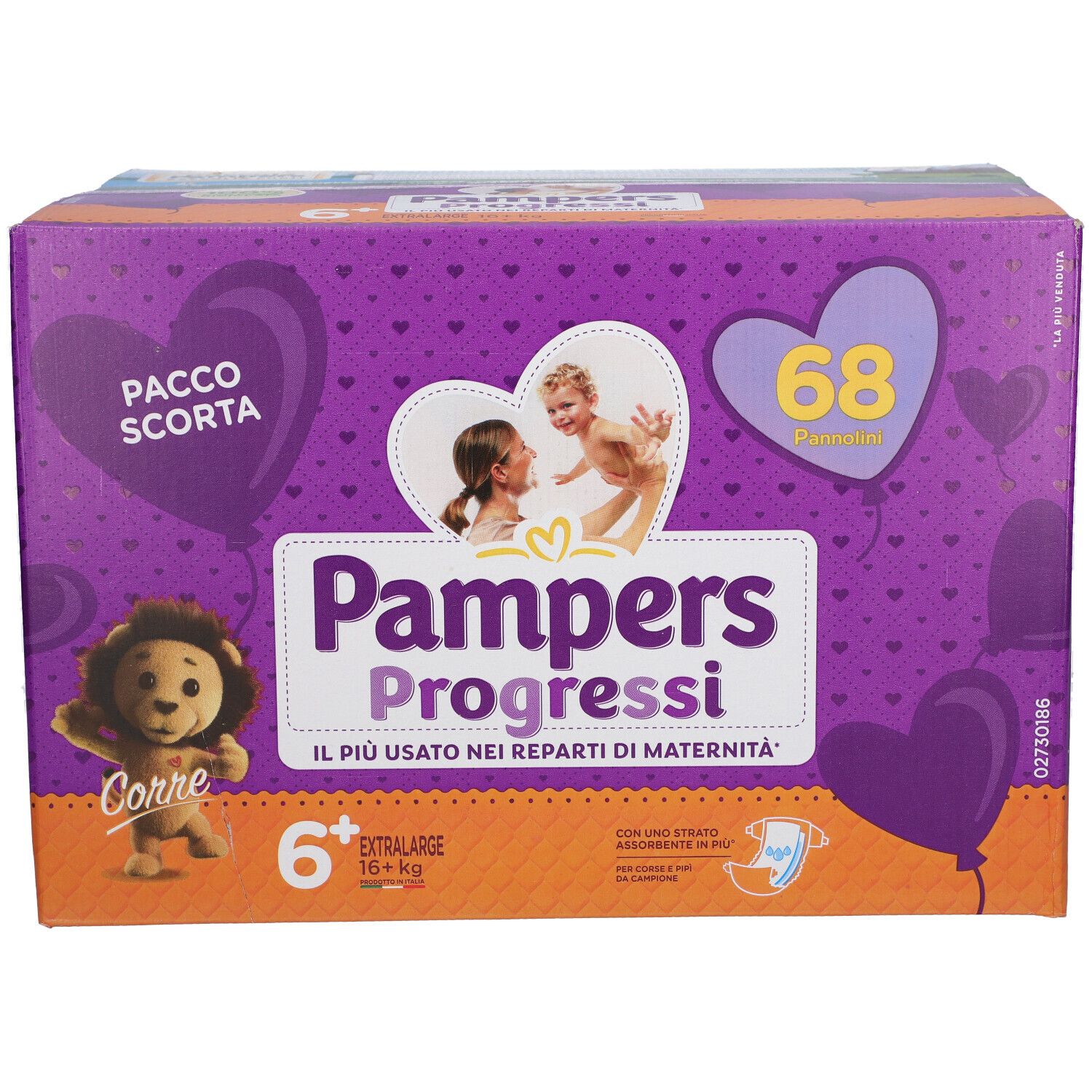 Confezione di pannolini Pampers Progressi Extralarge. Imballaggio viola e arancione, 68 pannolini. Logo e illustrazioni.
