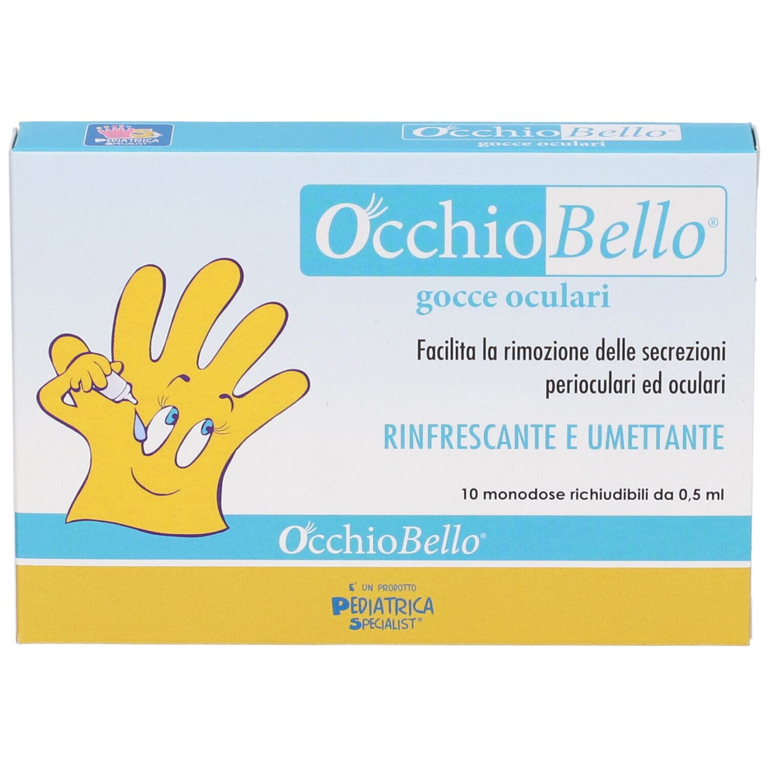 Confezione con logo e illustrazione mano gialla. Testo: gocce oculari, Rinfrascante e umettante. 10 monodose.