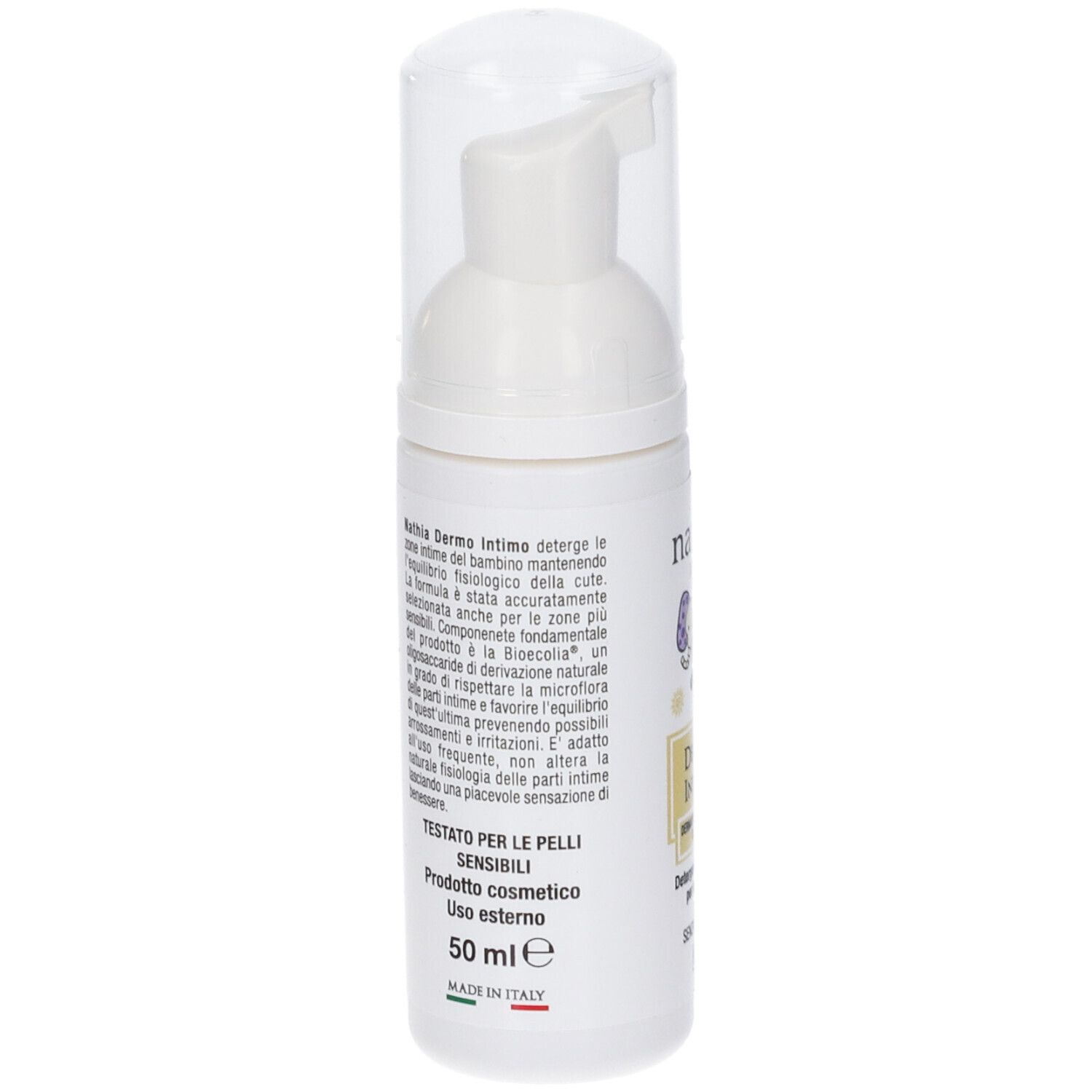 Dispenser bianco con testo. Scritta: nathia Dermo Intimo, testato per pelli sensibili. 50 ml. Made in Italy.