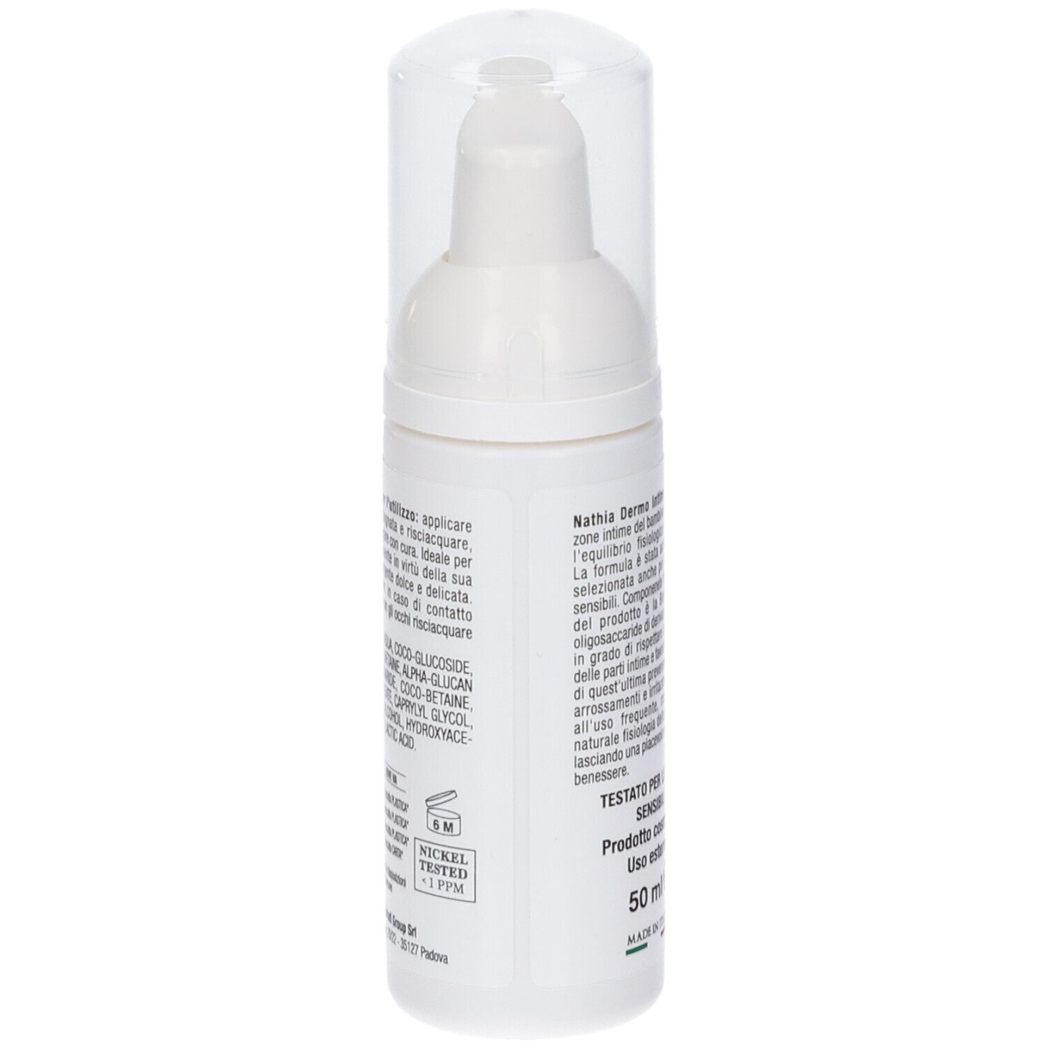 Dispenser bianco con testo. Scritta: nathia Dermo Intimo, testato per pelli sensibili. 50 ml. Nickel tested.