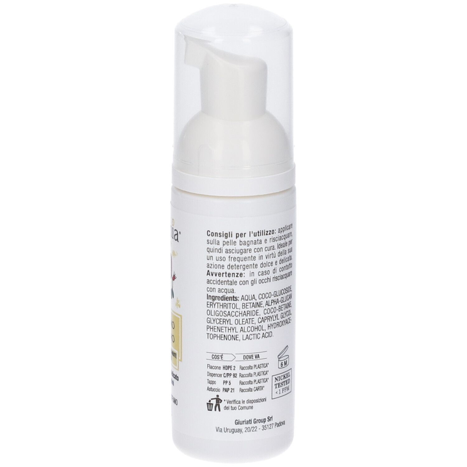 Dispenser bianco con testo. Scritta: nathia Dermo Intimo, ingredienti. Avvertenze. 50 ml. Nickel tested.