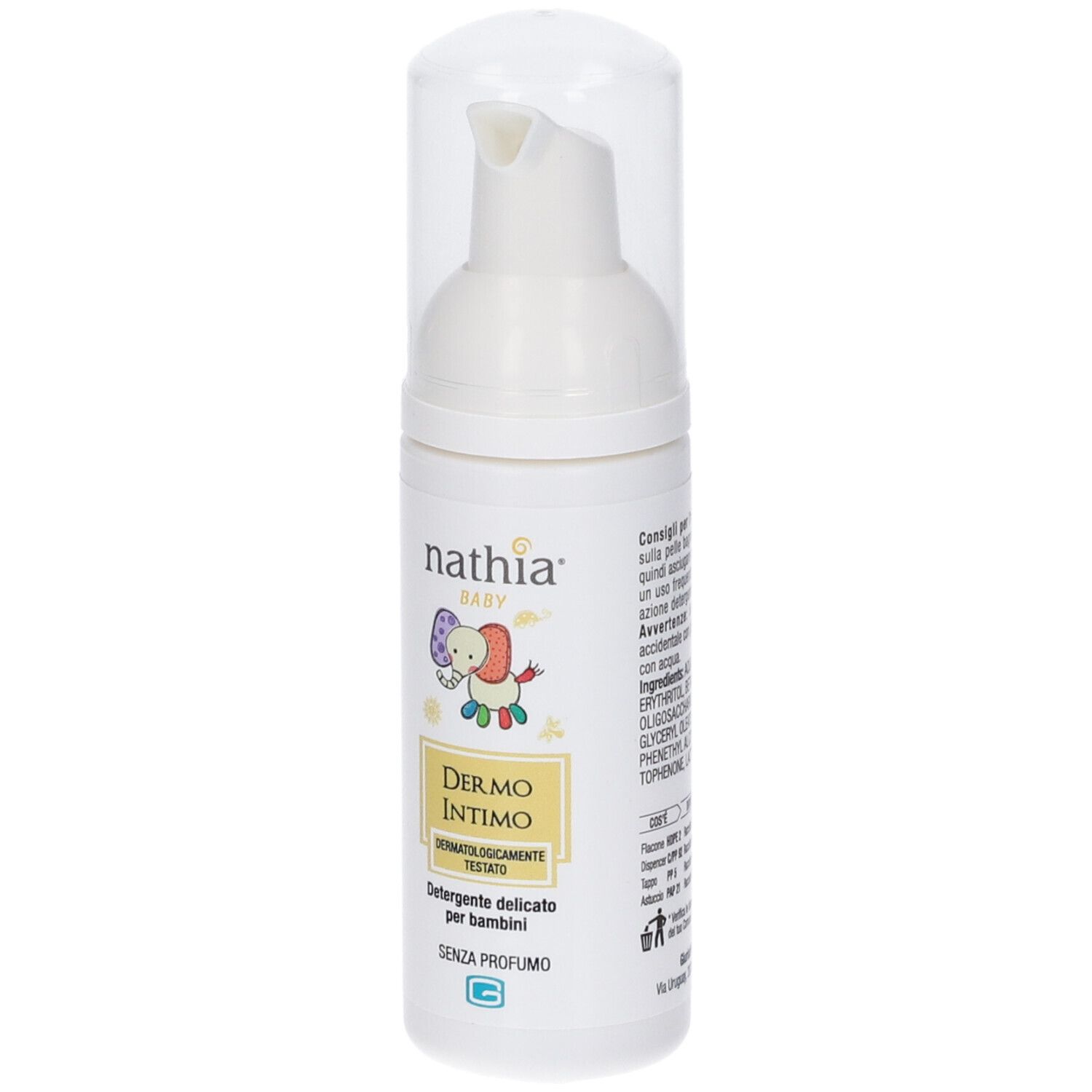 Dispenser bianco con tappo trasparente. Scritta: nathia BABY, Dermo Intimo, Dermatologicamente testato. Senza profumo.