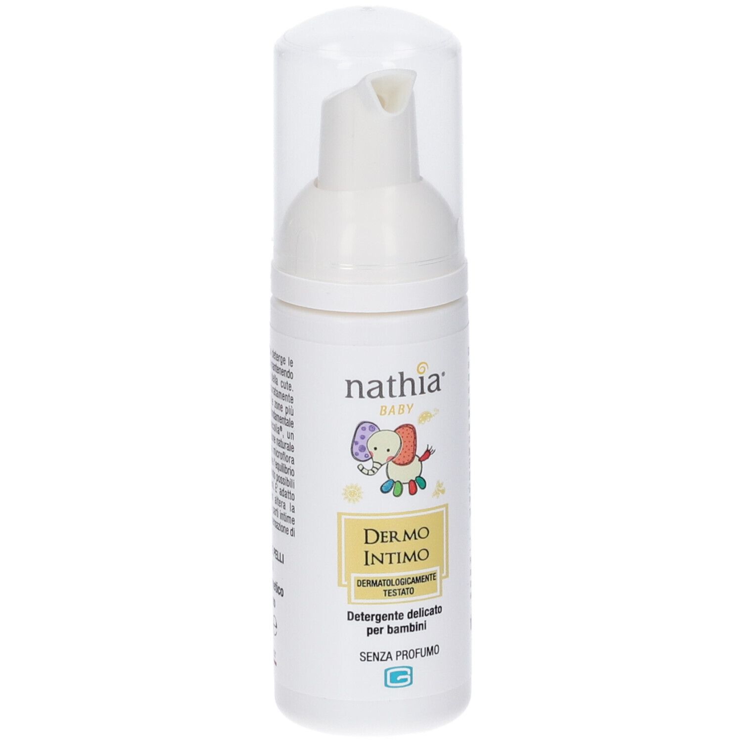 Dispenser bianco con tappo trasparente. Scritta: nathia BABY, Dermo Intimo, Dermatologicamente testato. Senza profumo.