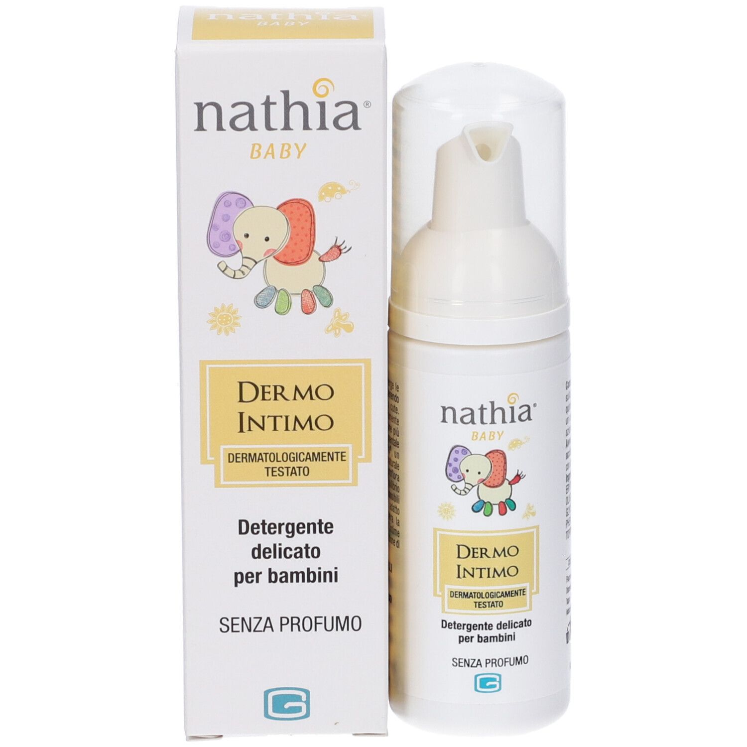 Prodotto e confezione. Dispenser bianco e scatola. Scritta: nathia BABY, Dermo Intimo, Dermatologicamente testato. Senza profumo.