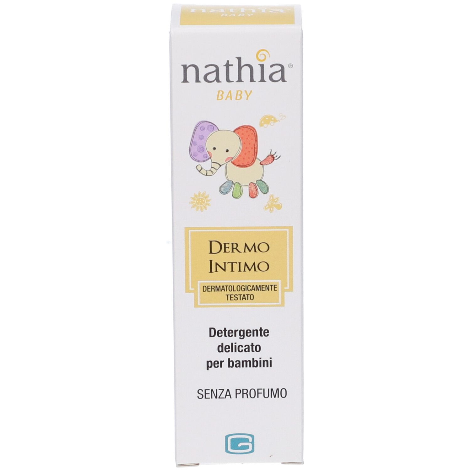 Confezione in cartone. Scritta: nathia BABY, Dermo Intimo, Dermatologicamente testato. Senza profumo. Con illustrazione.