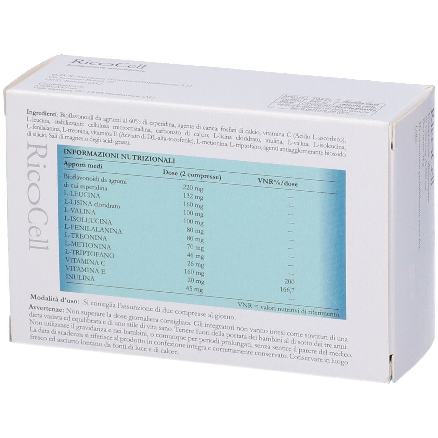 Scatola Ricocell. Retro con ingredienti e informazioni nutrizionali.