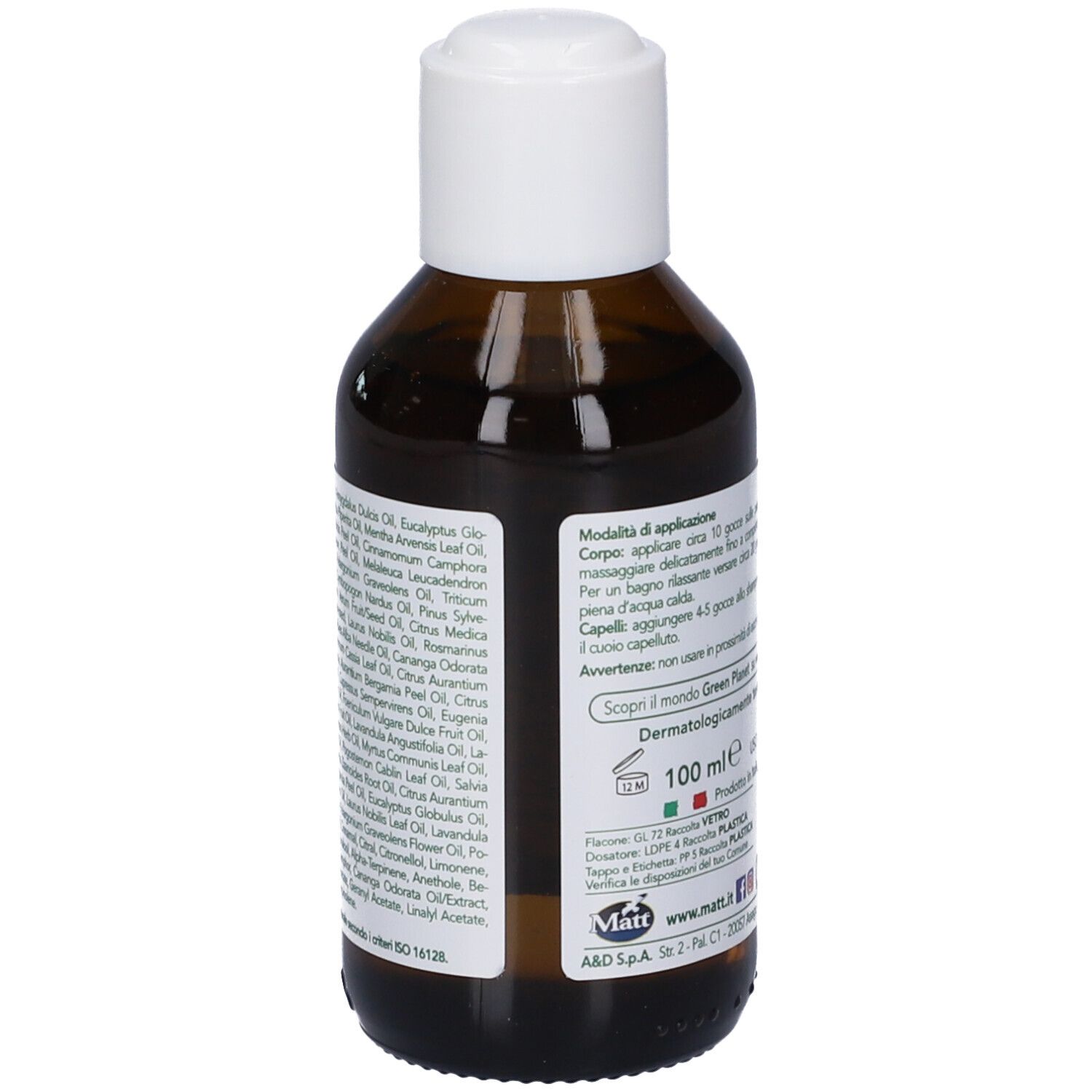 Vista laterale della bottiglia Matt Forsan Olio 31 Erbe con elenco dettagliato degli ingredienti sull'etichetta.