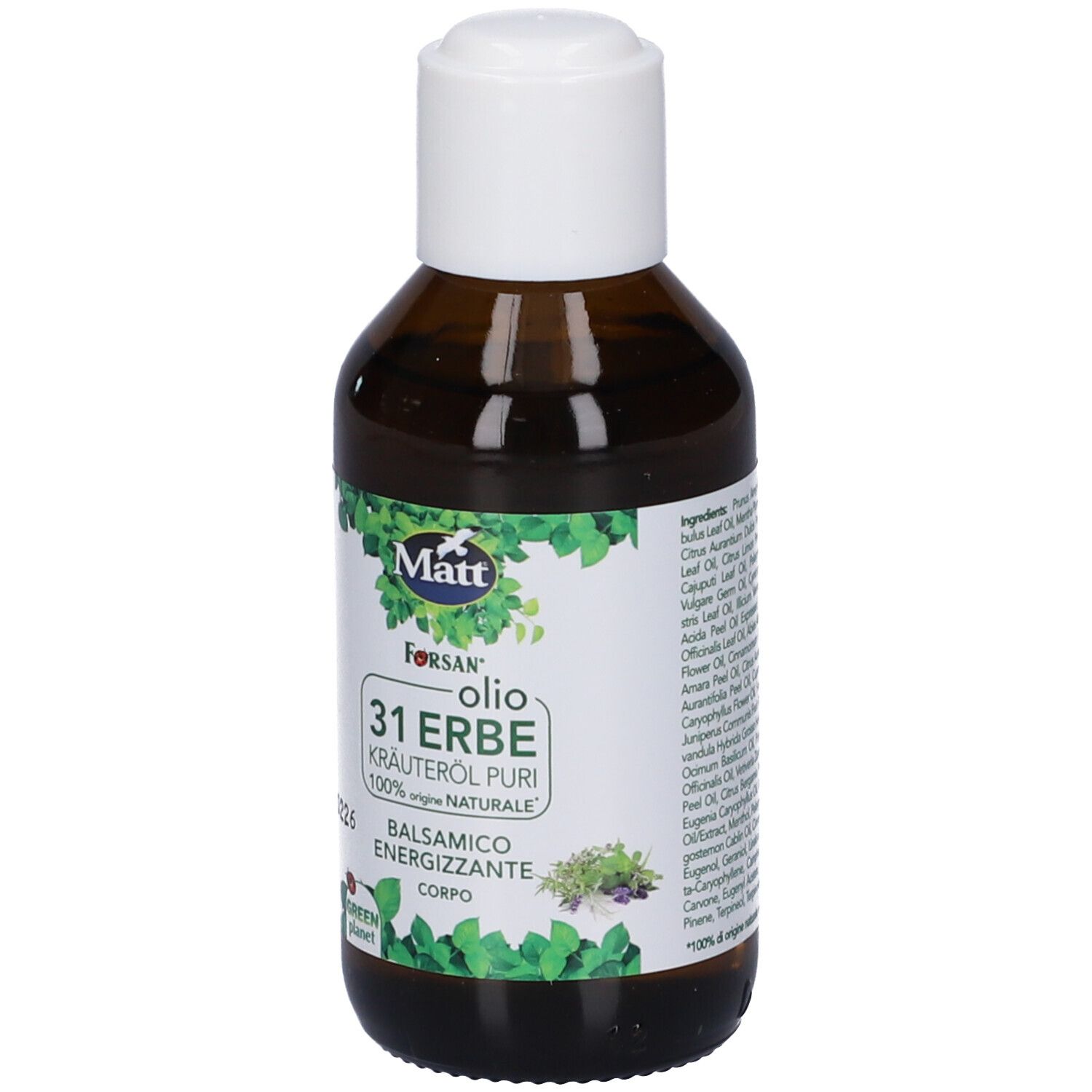 Matt Forsan Olio 31 Erbe Olio: Flacone in vetro ambrato con tappo bianco ed etichetta con erbe.