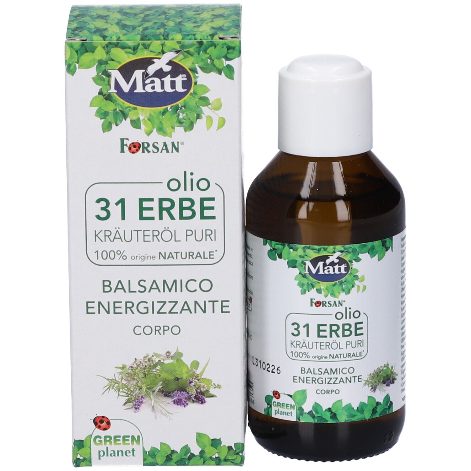 Matt Forsan Olio 31 Erbe: Bottiglia e scatola di imballaggio con design di erbe e informazioni sul prodotto.