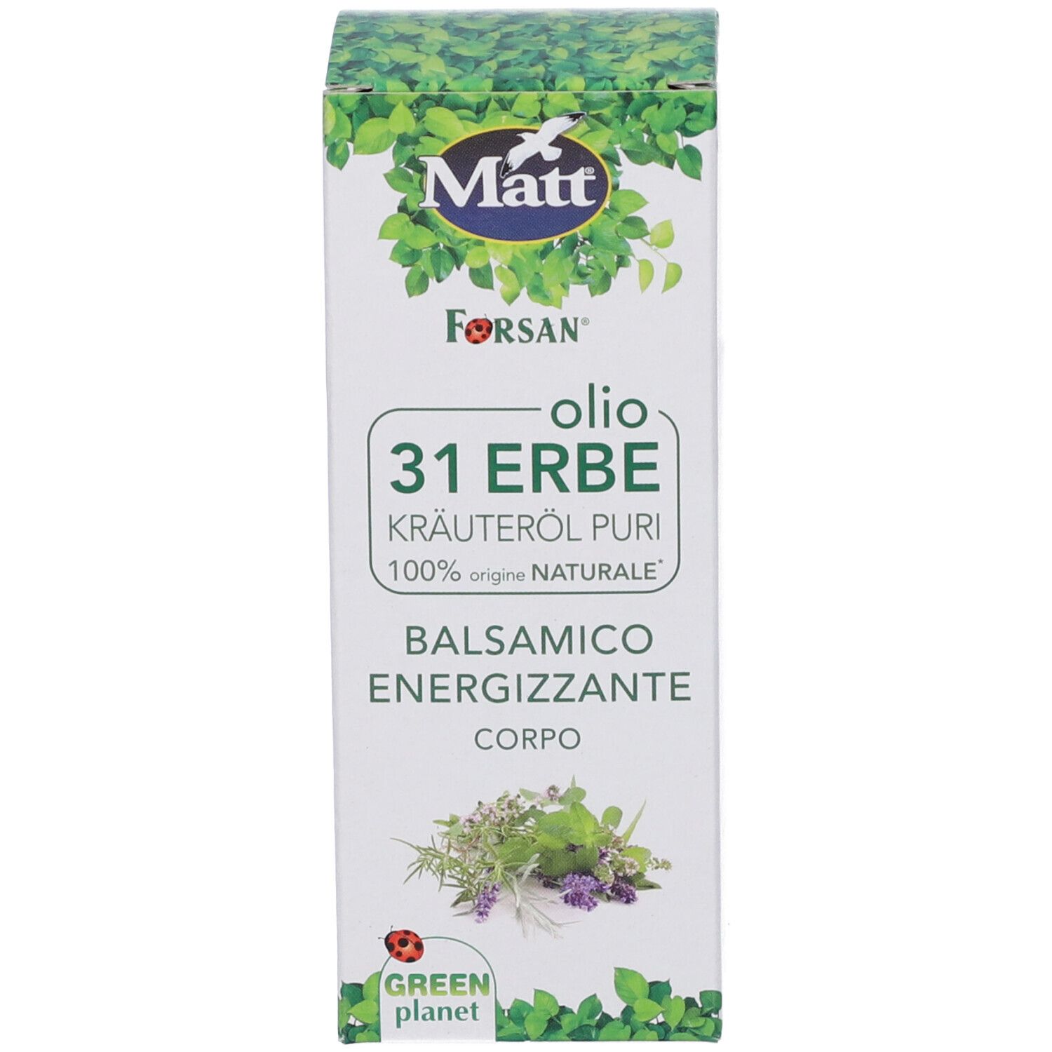 Scatola di imballaggio Matt Forsan Olio 31 Erbe: Fronte con illustrazioni di erbe e nome del prodotto.