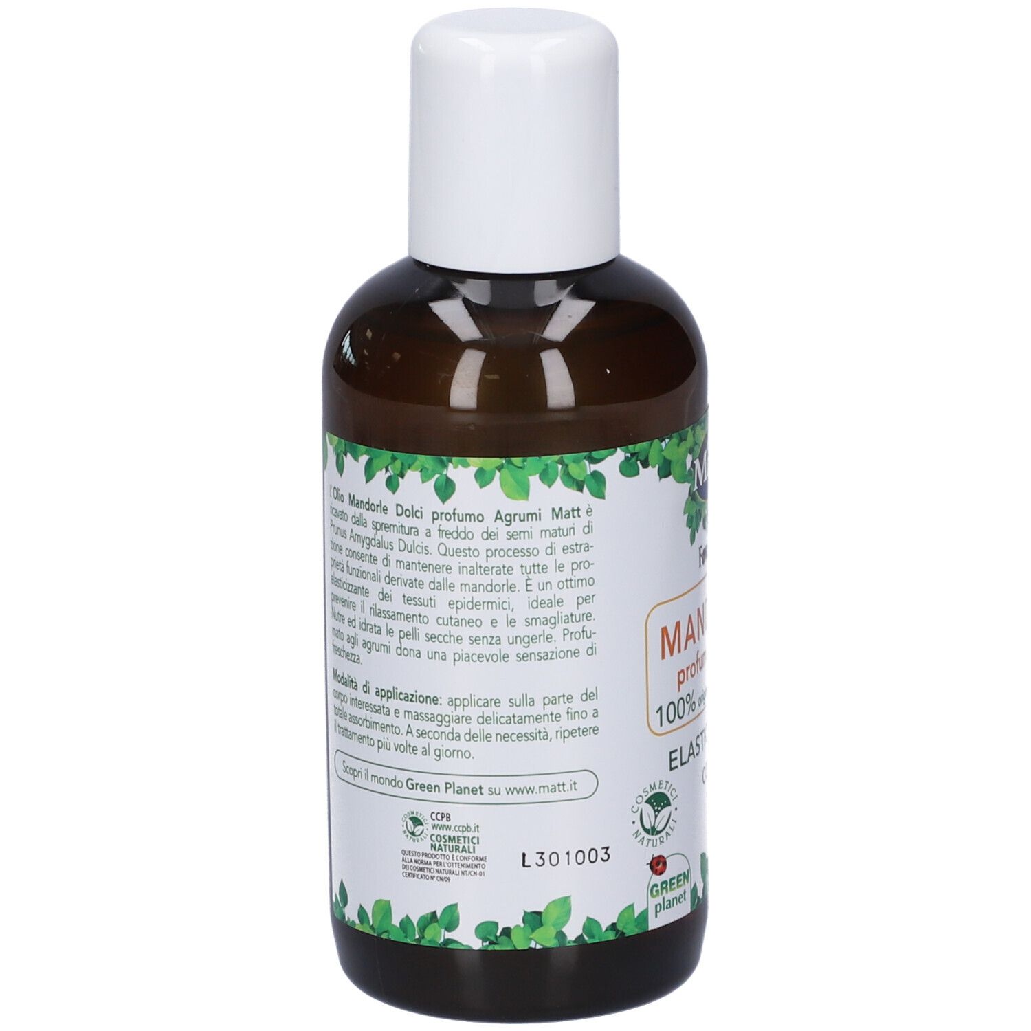 Retro della bottiglia di Matt Forsan Olio Mandorle Dolci Profumo Agrumi, con dettagli sul prodotto e certificazioni.