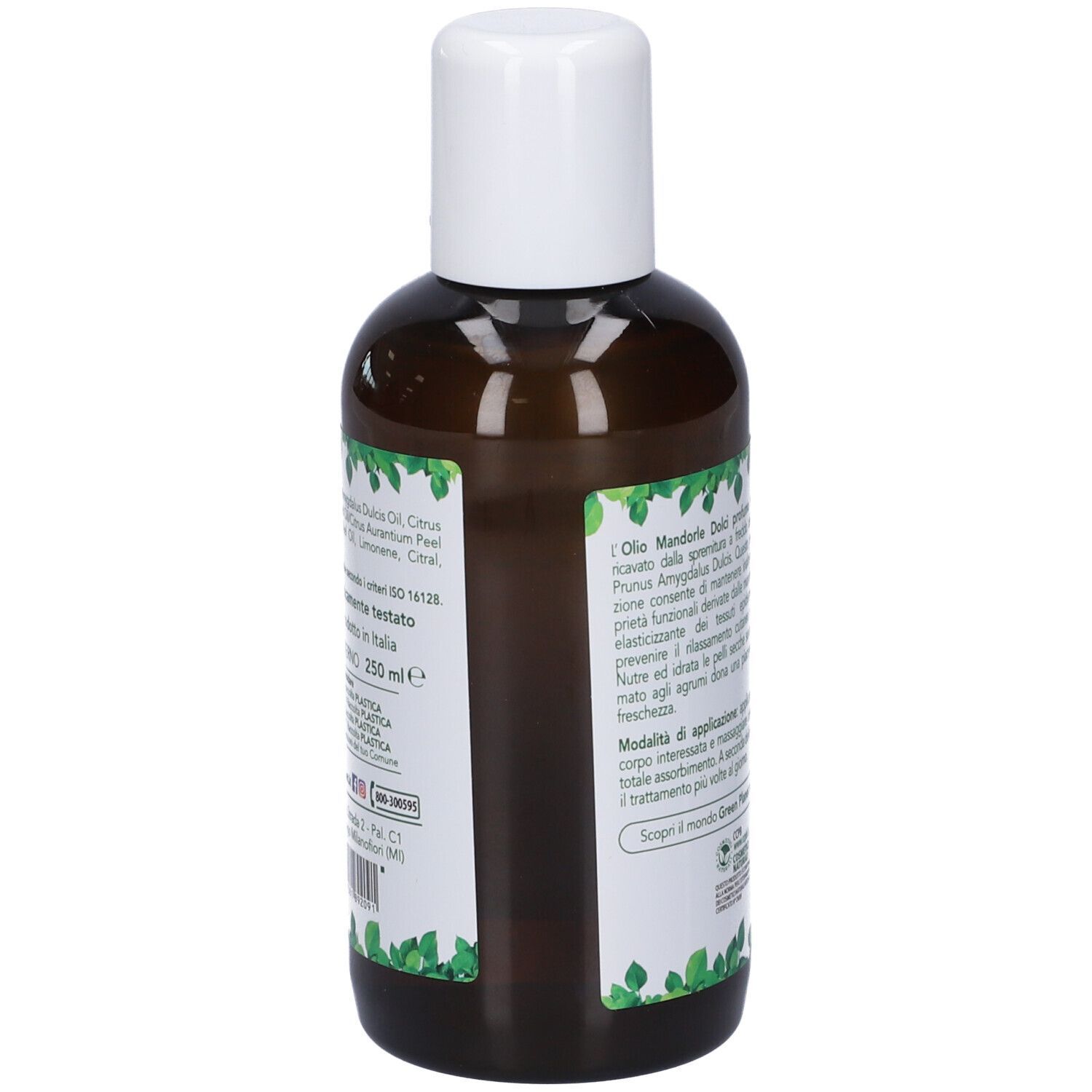 Vista laterale della bottiglia di Matt Forsan Olio Mandorle Dolci Profumo Agrumi, con etichetta e informazioni sull'origine naturale.