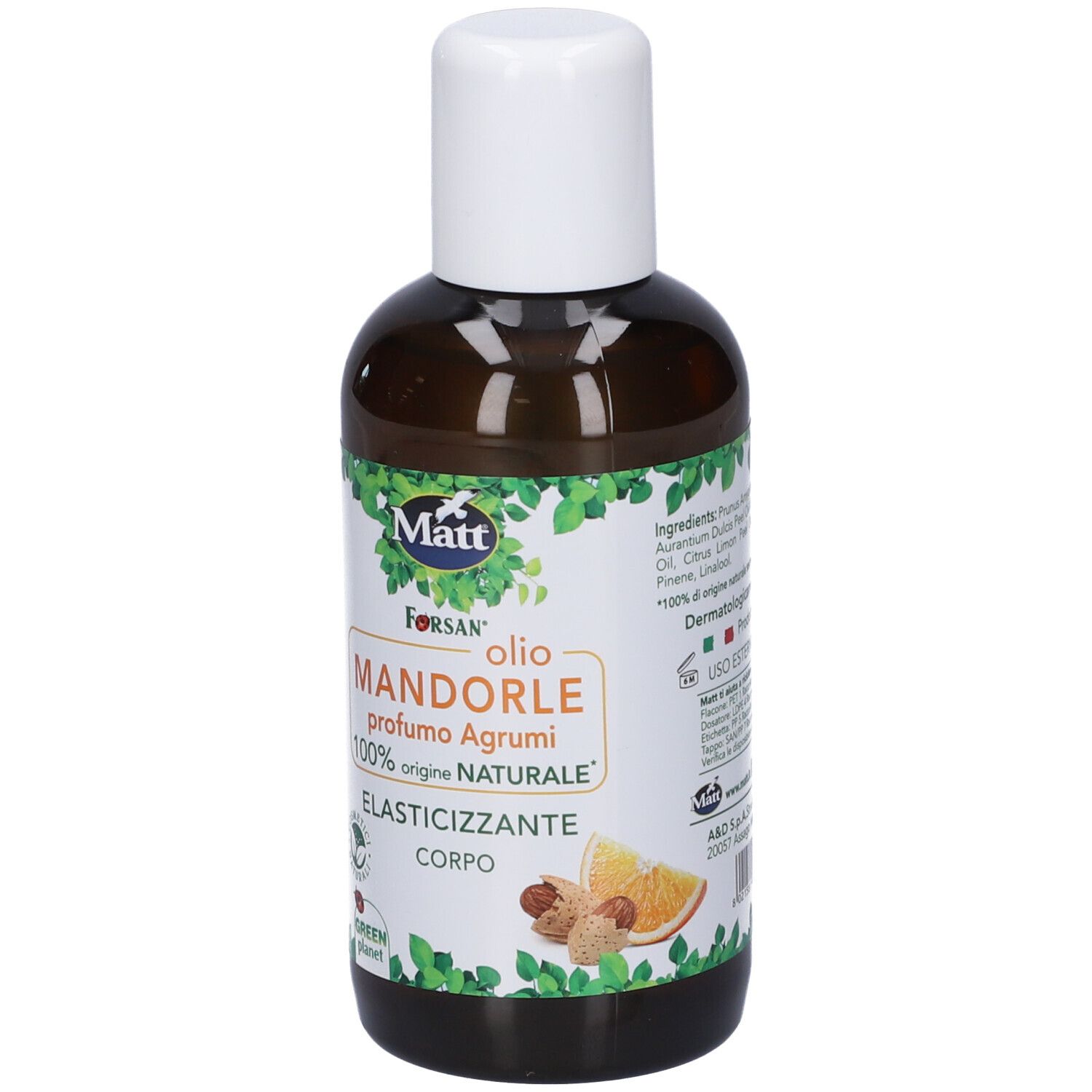 Matt Forsan Olio Mandorle Dolci Profumo Agrumi, 100% origine naturale, elasticizzante corpo, con immagine di mandorle e arancia.