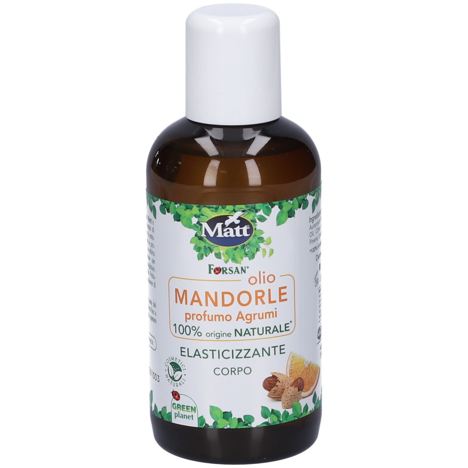 Matt Forsan Olio Mandorle Dolci Profumo Agrumi, 100% origine naturale, elasticizzante corpo, con immagine di mandorle e arancia.