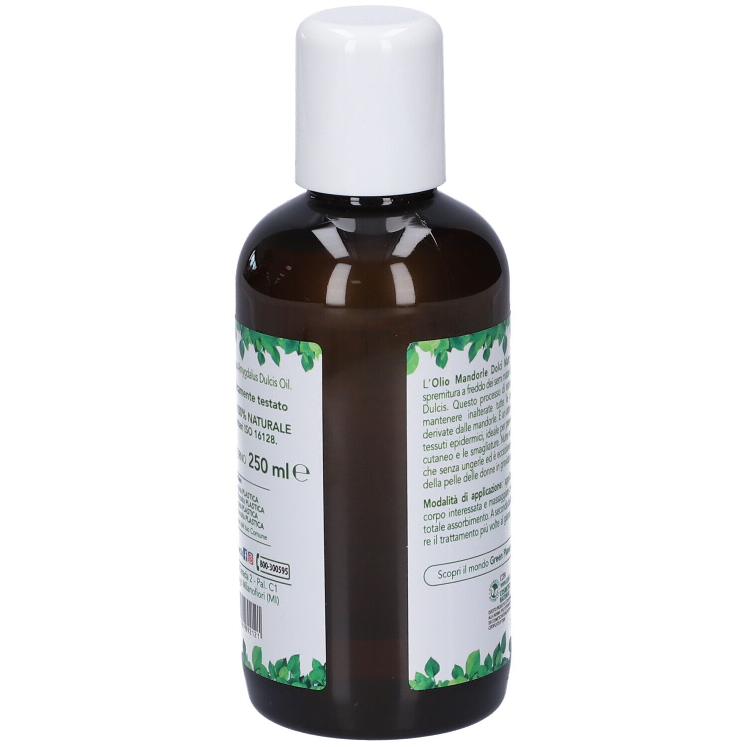 Lato della bottiglia di Olio Mandorle Dolci Matt con indicazione 250 ml.