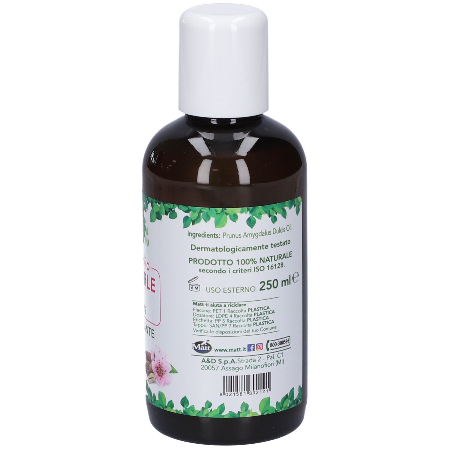 Retro della bottiglia di Olio Mandorle Dolci Matt con ingredienti e 250 ml.