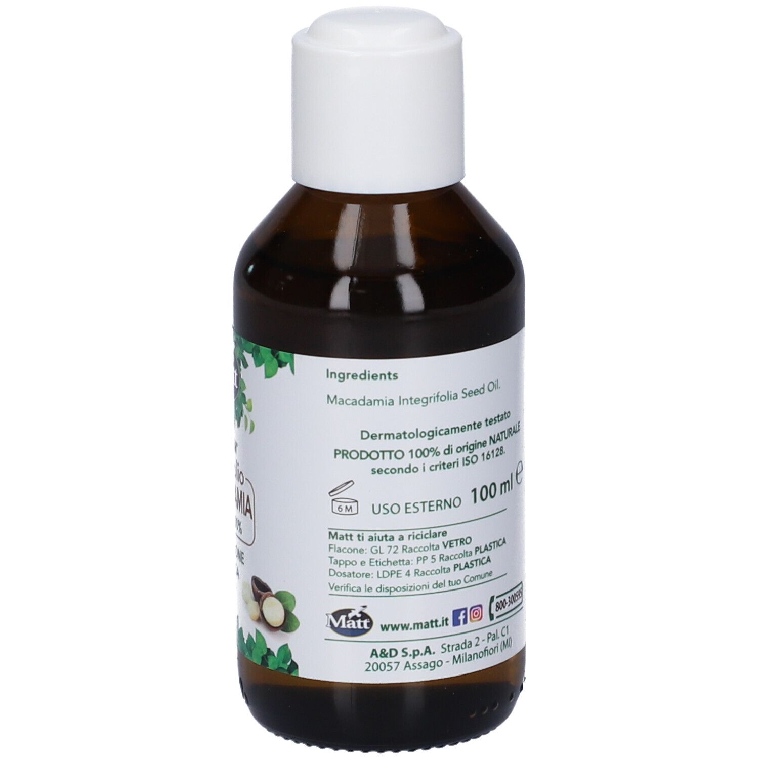 Flacone di Olio di Macadamia Matt Forsan con etichetta che mostra ingredienti e uso.