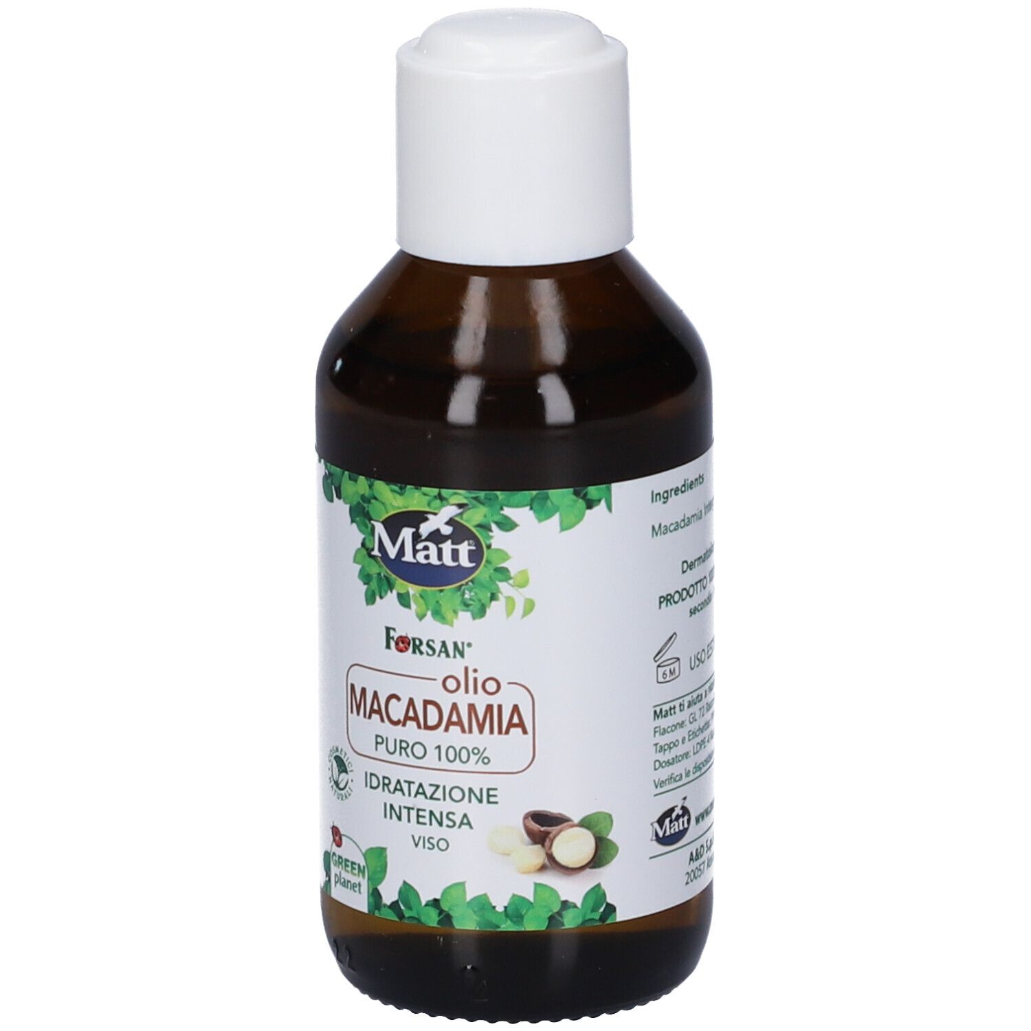 Flacone di Olio di Macadamia Matt Forsan con etichetta che mostra noci di macadamia.