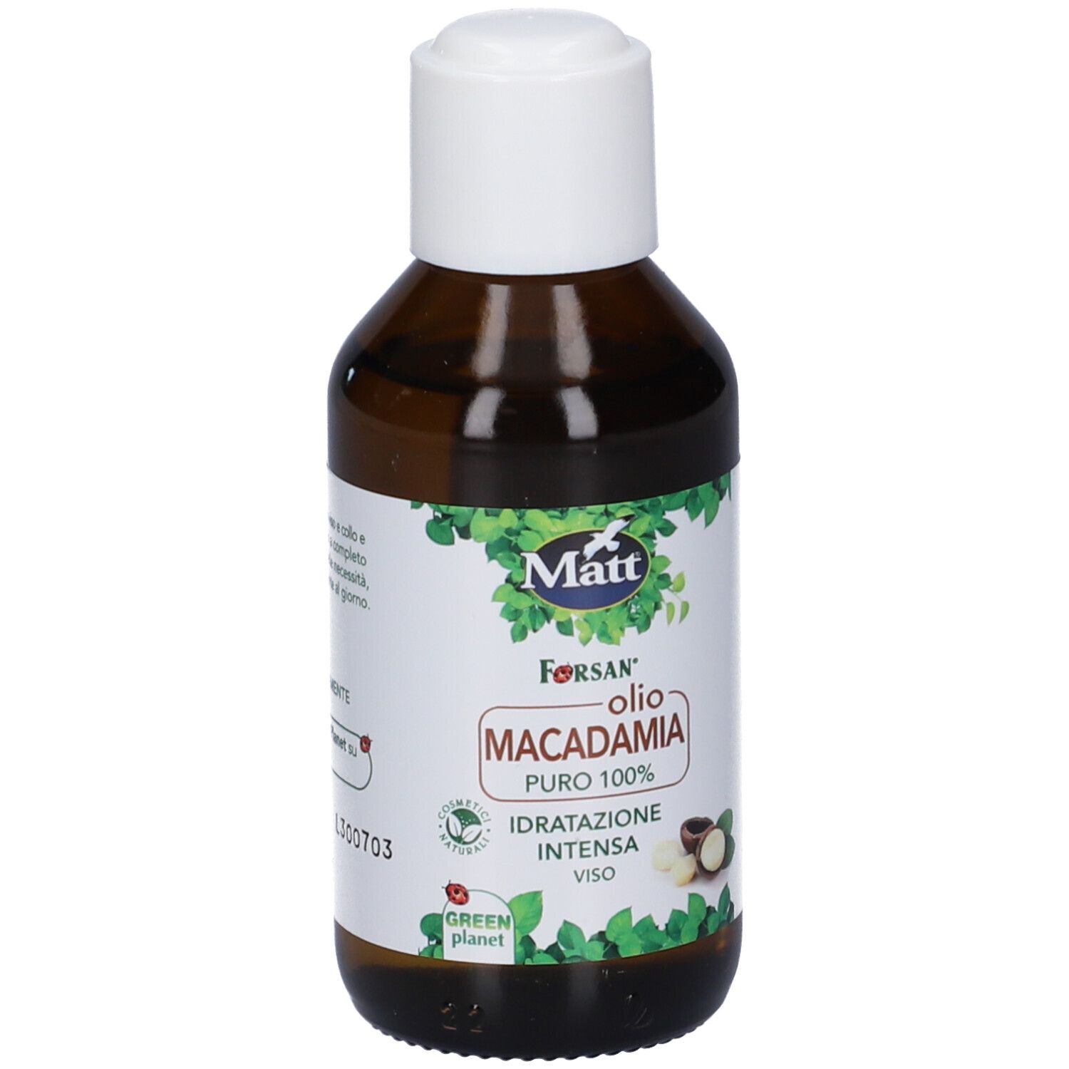 Flacone di Olio di Macadamia Matt Forsan con etichetta che mostra noci di macadamia e foglie.