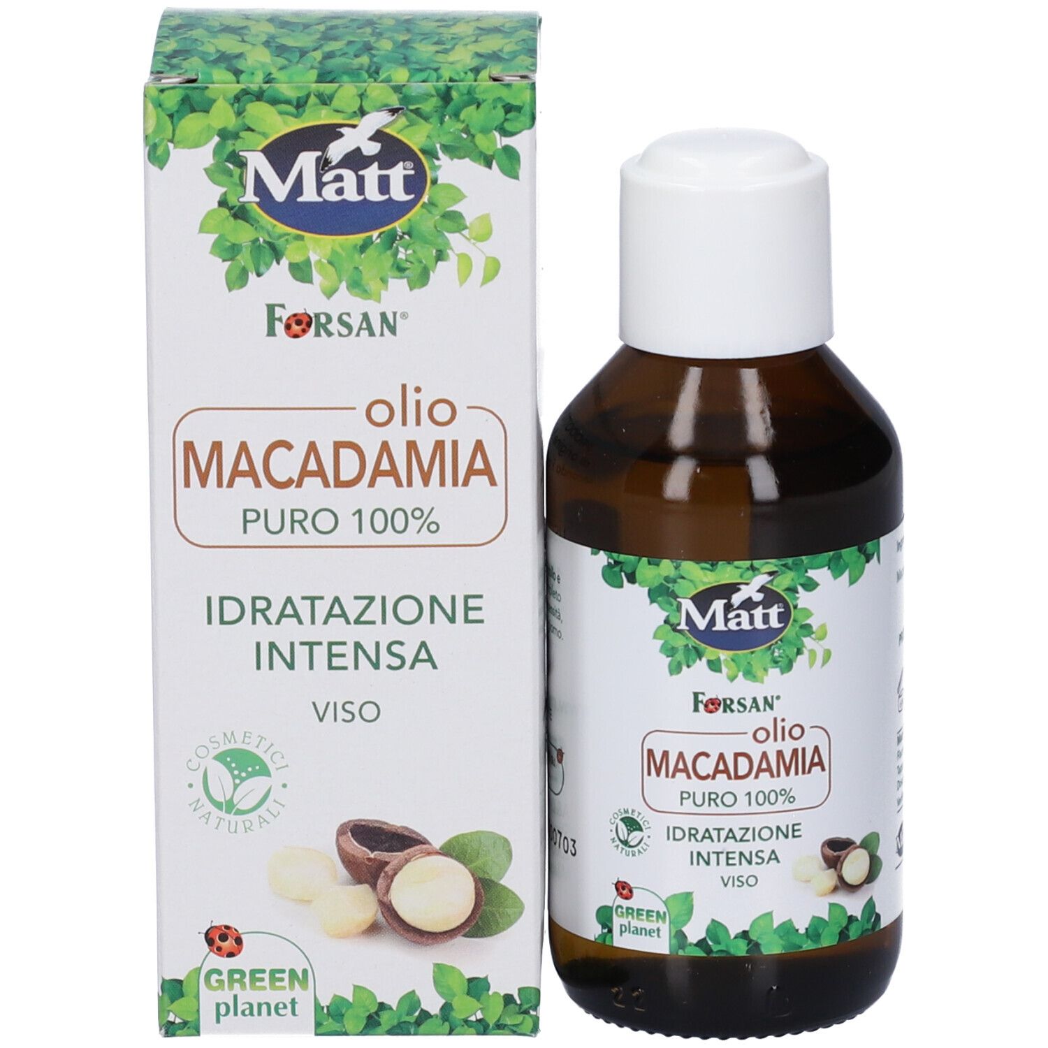 Flacone e scatola di Olio di Macadamia Matt Forsan con etichette.