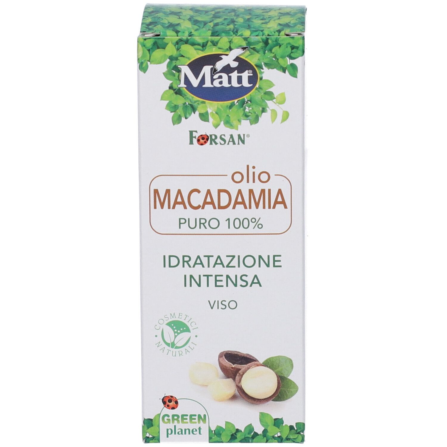Scatola di Olio di Macadamia Matt Forsan con etichetta che mostra noci di macadamia.