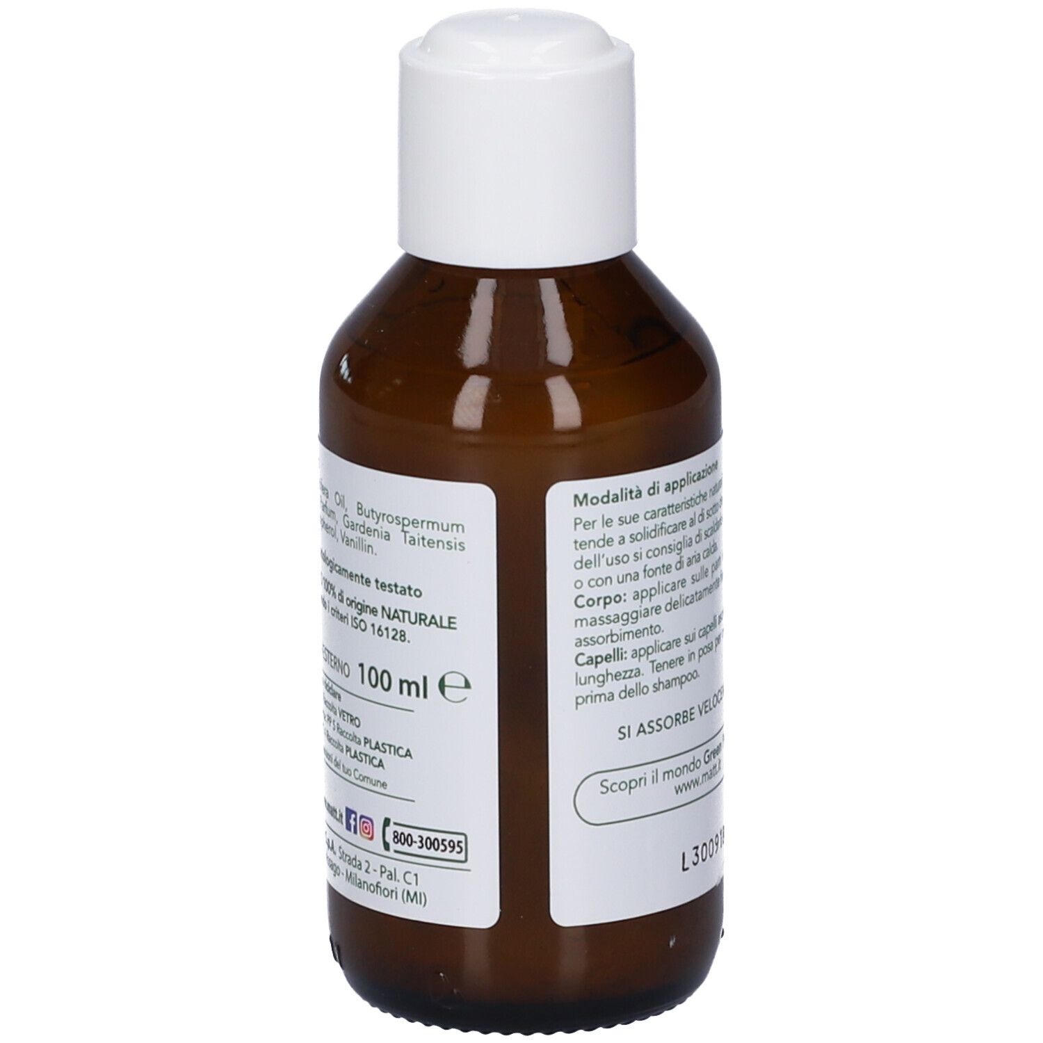 Vista laterale di un flacone Matt Forsan Olio Monoi con etichetta che mostra contenuto e certificazioni.
