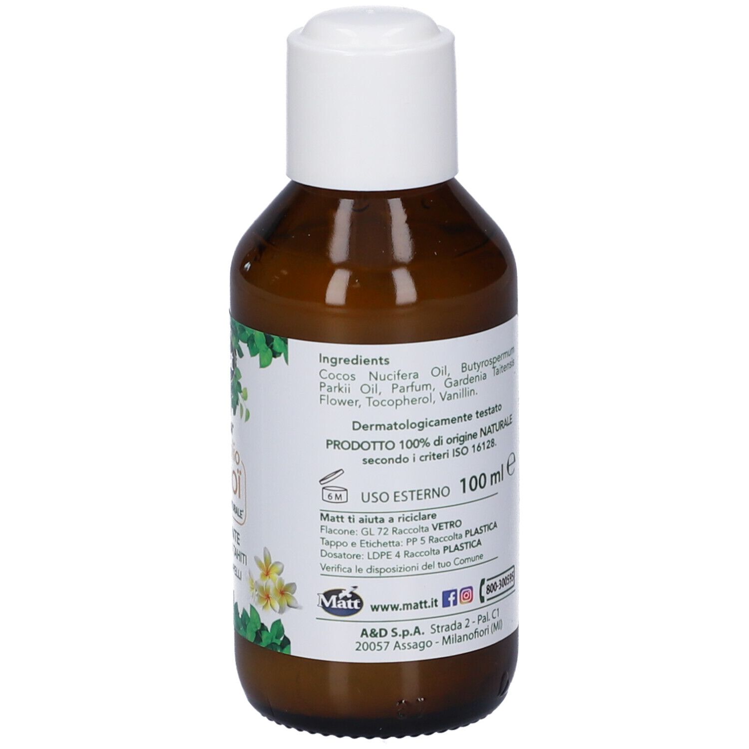 Flacone Matt Forsan Olio Monoi con etichetta che mostra ingredienti, test dermatologici e istruzioni.