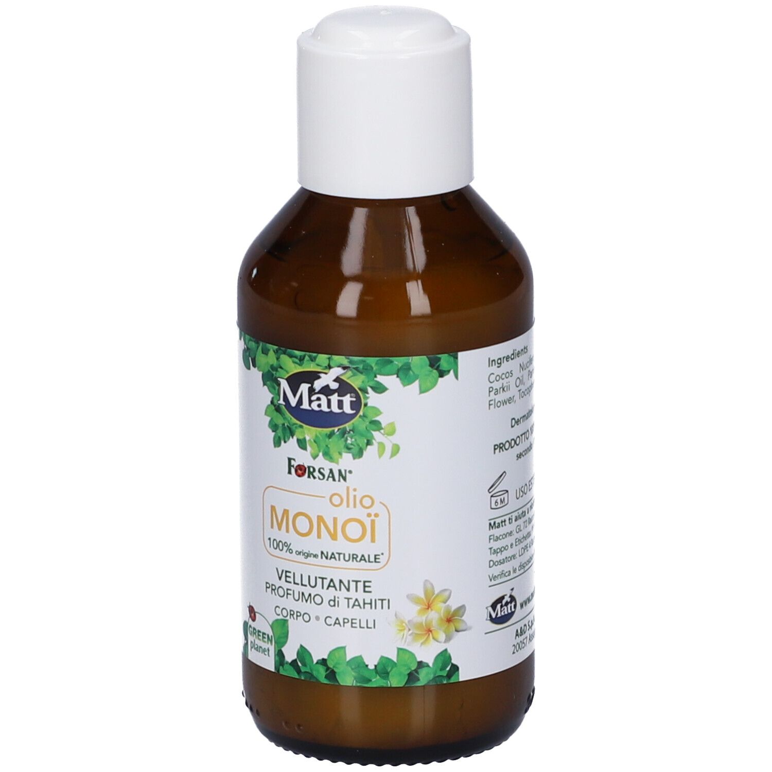 Flacone Matt Forsan Olio Monoi con tappo bianco ed etichetta con foglie e fiori, vista frontale.