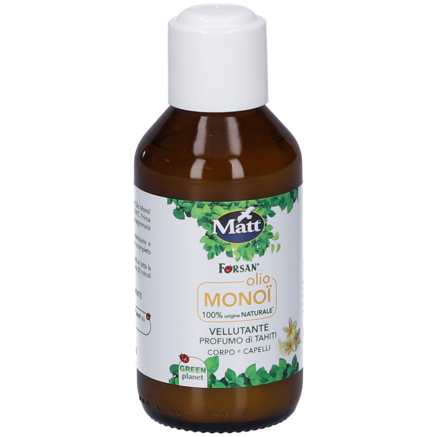 Flacone Matt Forsan Olio Monoi con tappo bianco ed etichetta con foglie e fiori, leggera vista laterale.