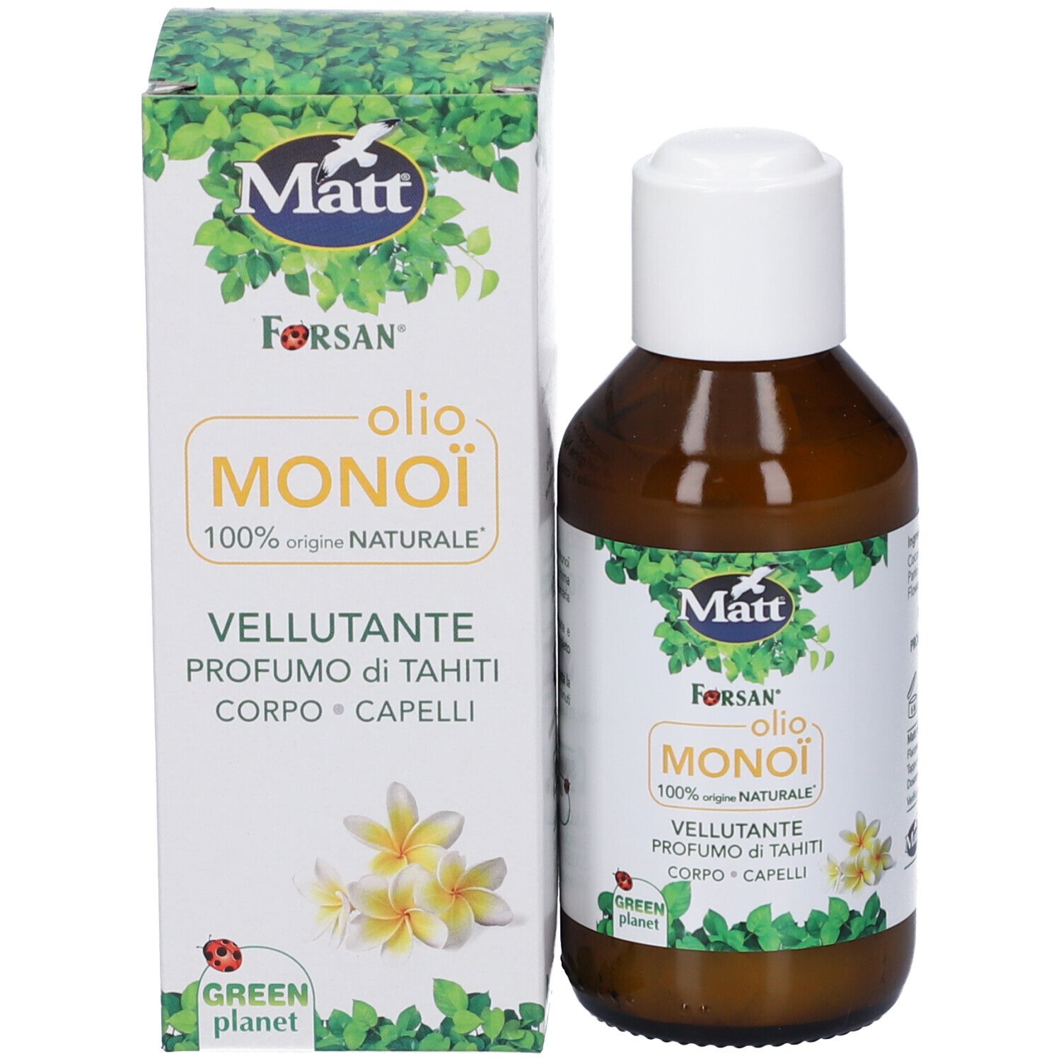 Flacone Matt Forsan Olio Monoi accanto alla sua scatola, entrambi decorati con foglie e fiori.