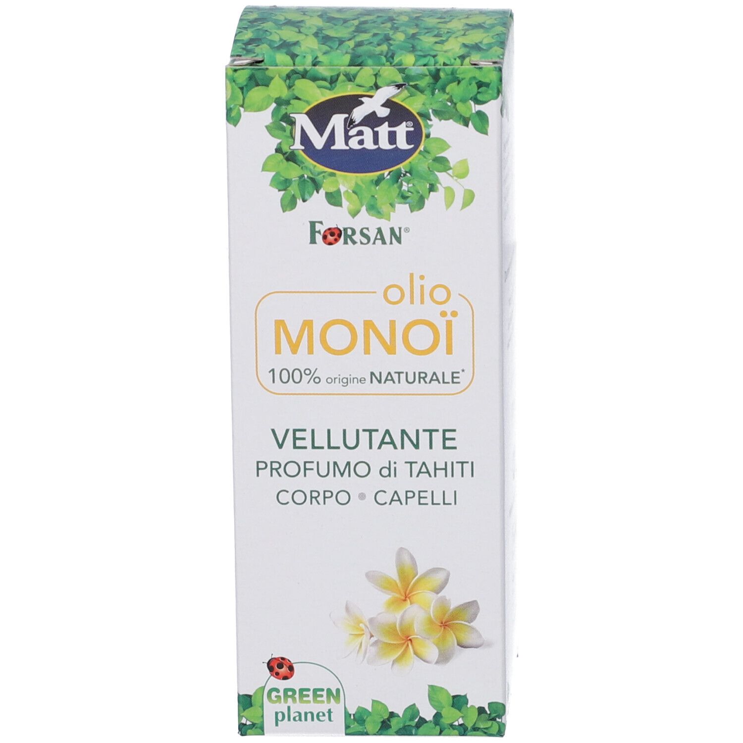 Scatola per Matt Forsan Olio Monoi, decorata con foglie e fiori, con informazioni sul prodotto.