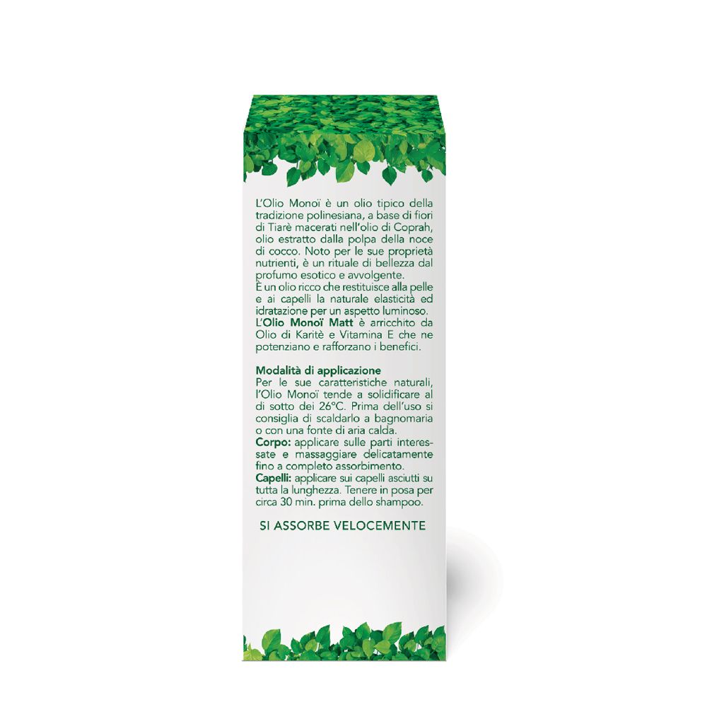 Flacone olio Monoi Matt Forsan al profumo di Tahiti per corpo e capelli.