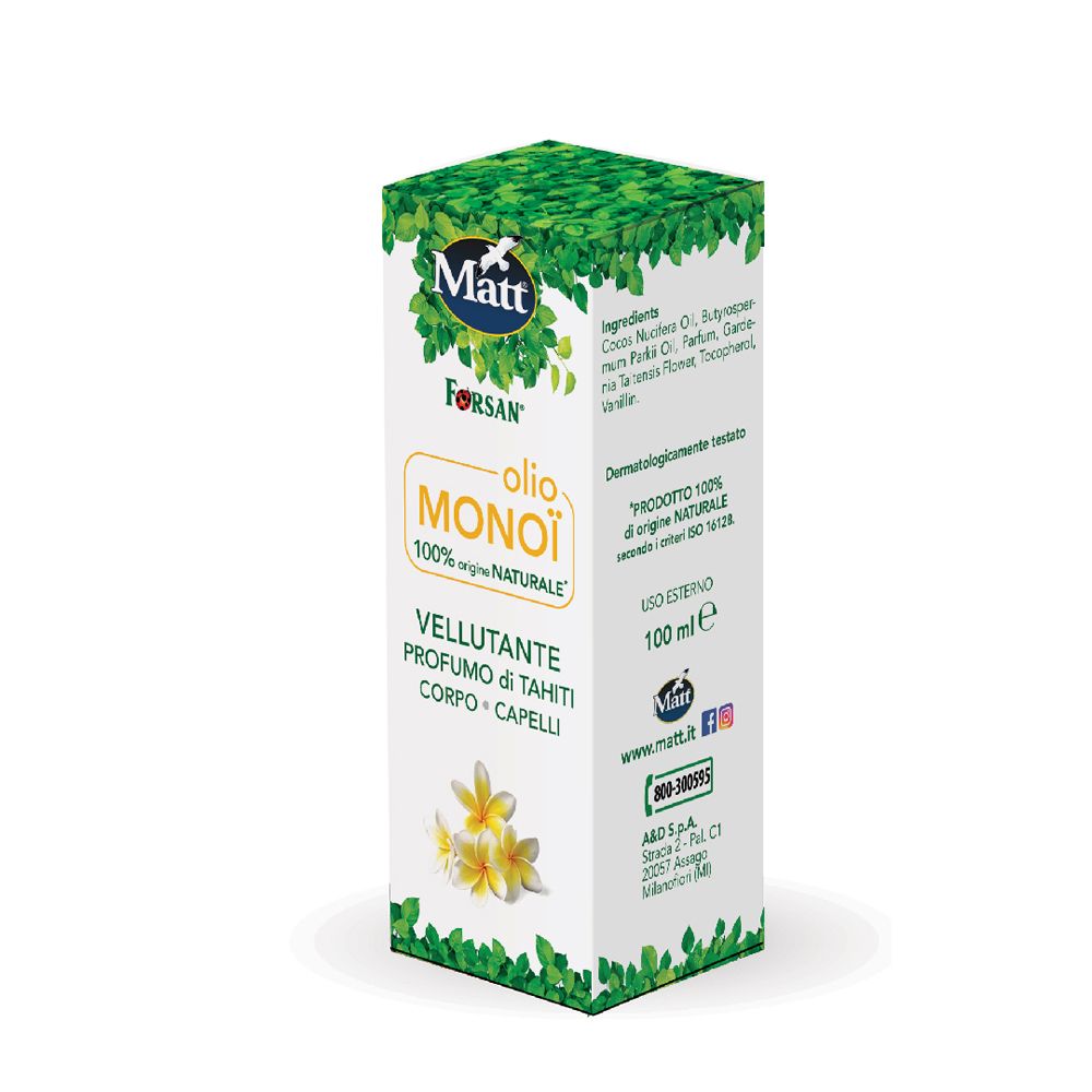 Flacone olio Monoi Matt Forsan al profumo di Tahiti per corpo e capelli.