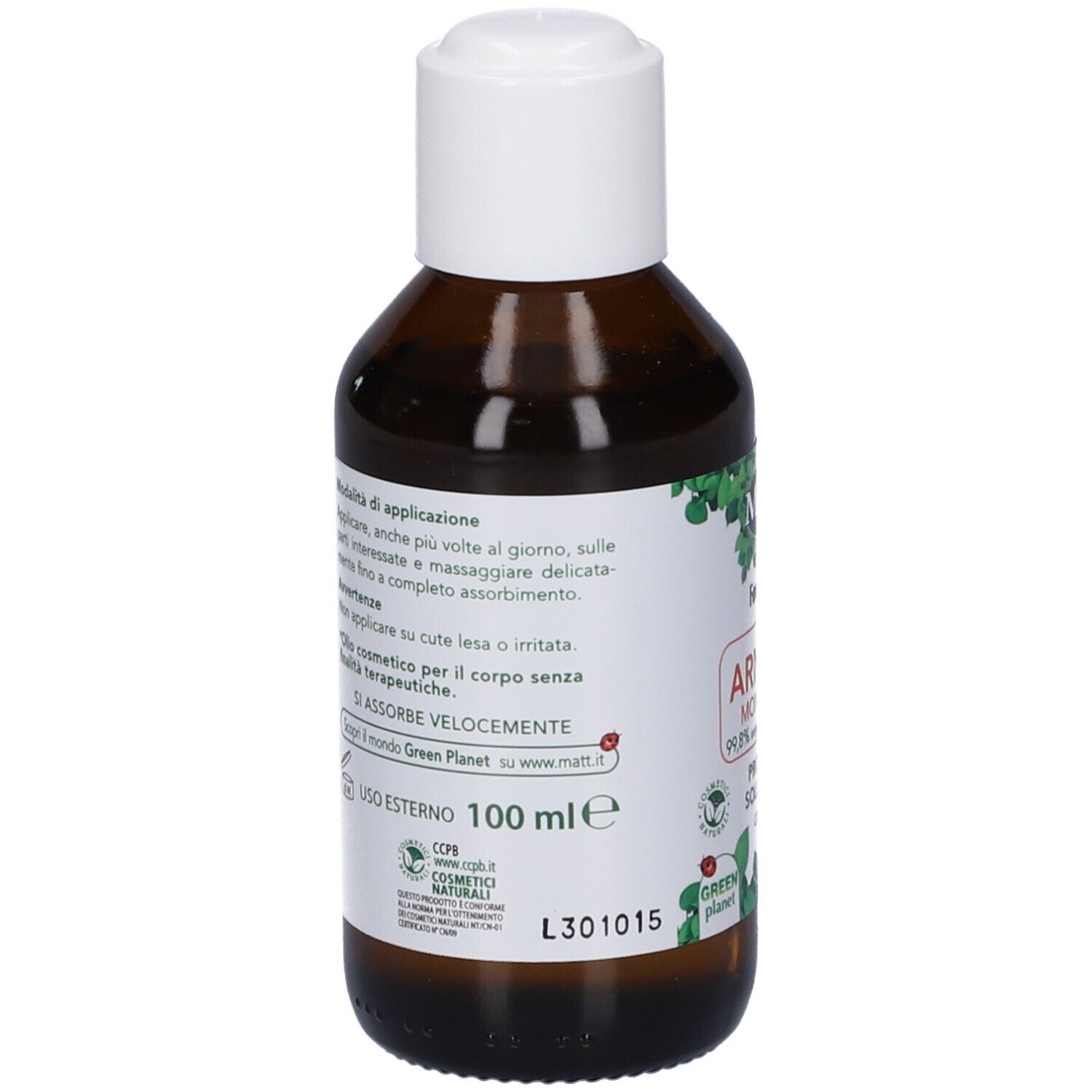Retro di un flacone Matt Forsan Olio Arnica Montana. Contiene istruzioni per l'uso e informazioni sul prodotto.