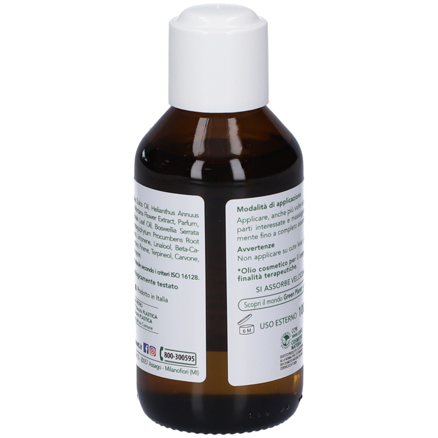Vista laterale di un flacone Matt Forsan Olio Arnica Montana con ingredienti dettagliati e istruzioni per l'uso.
