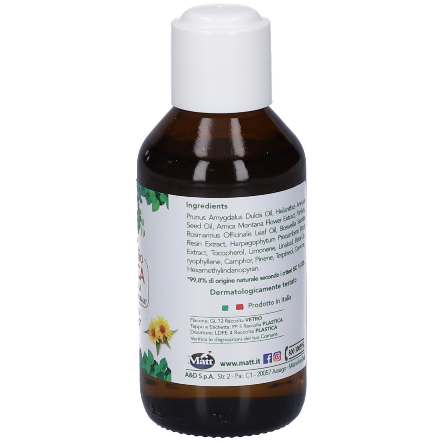 Flacone Matt Forsan Olio Arnica Montana con etichetta che indica ingredienti e 'Dermatologicamente testato'.