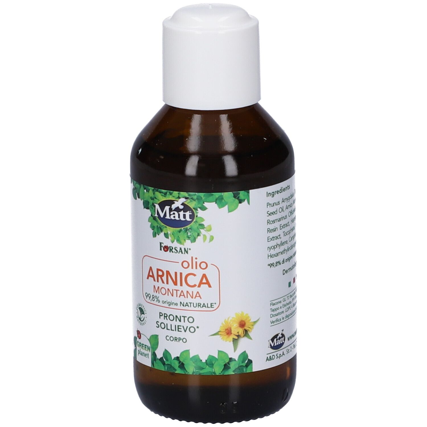 Flacone Matt Forsan Olio Arnica Montana con tappo bianco. Etichetta con foglie verdi e fiori gialli.