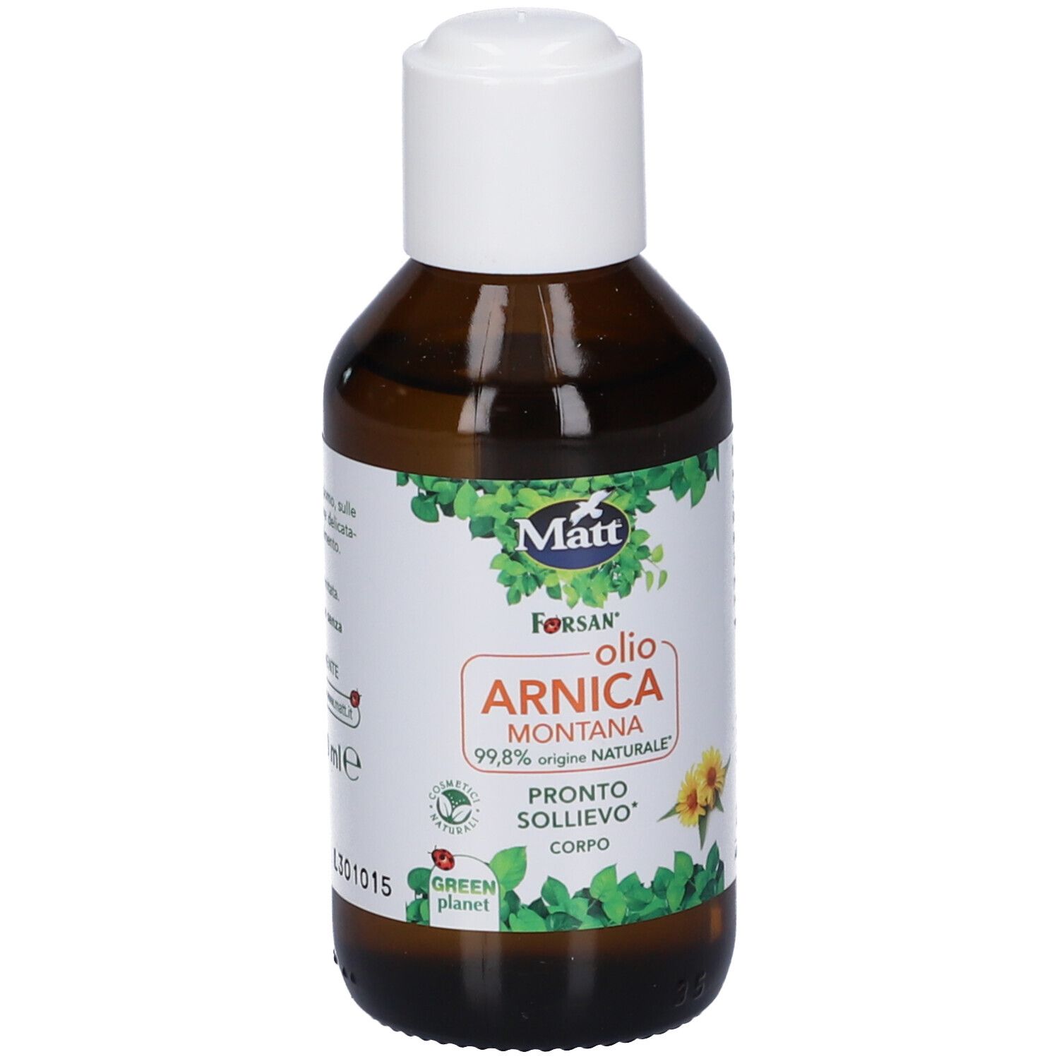 Flacone Matt Forsan Olio Arnica Montana con etichetta che mostra '99,8% origine naturale' e 'Green Planet'.