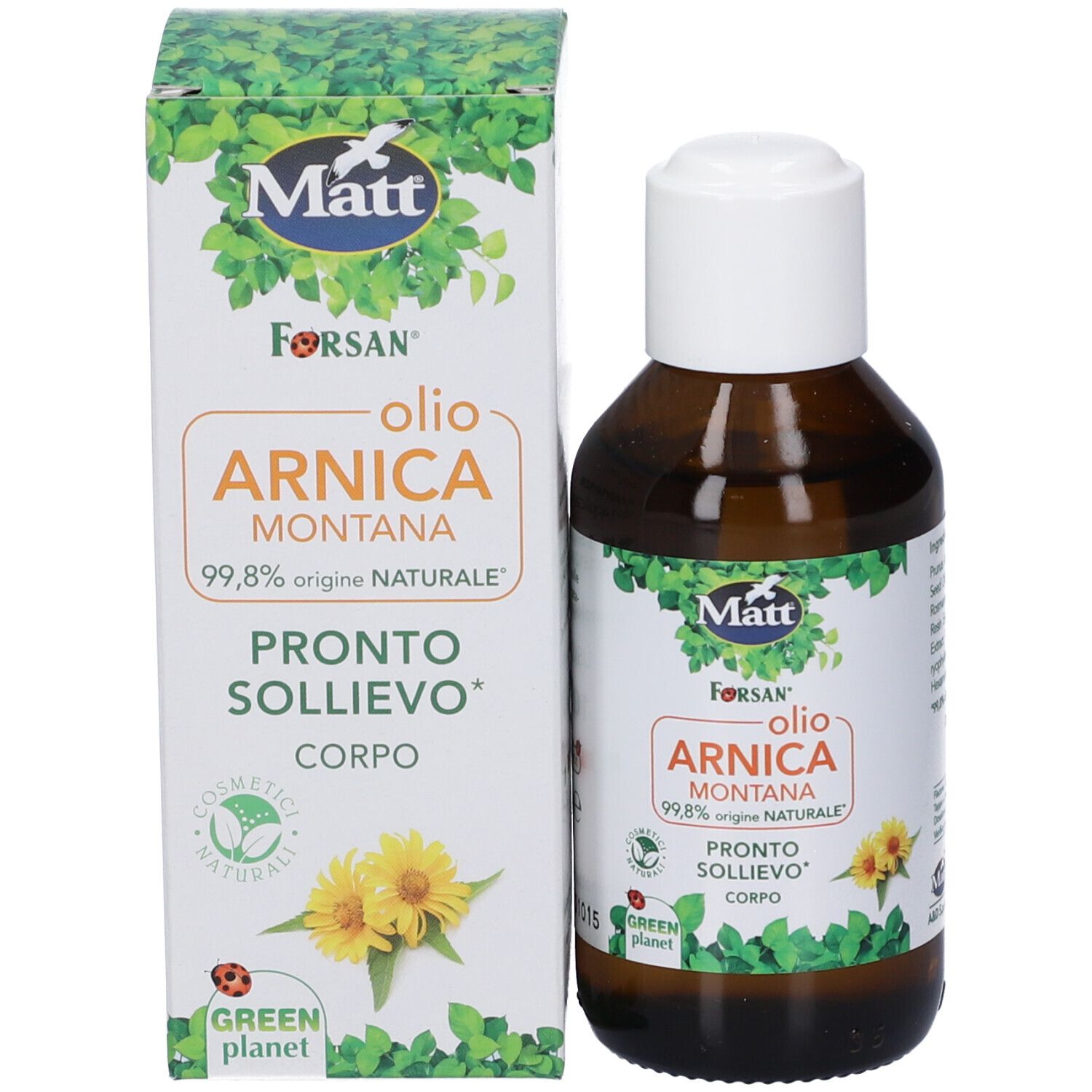 Flacone e scatola Matt Forsan Olio Arnica Montana. Entrambi decorati con foglie e fiori.