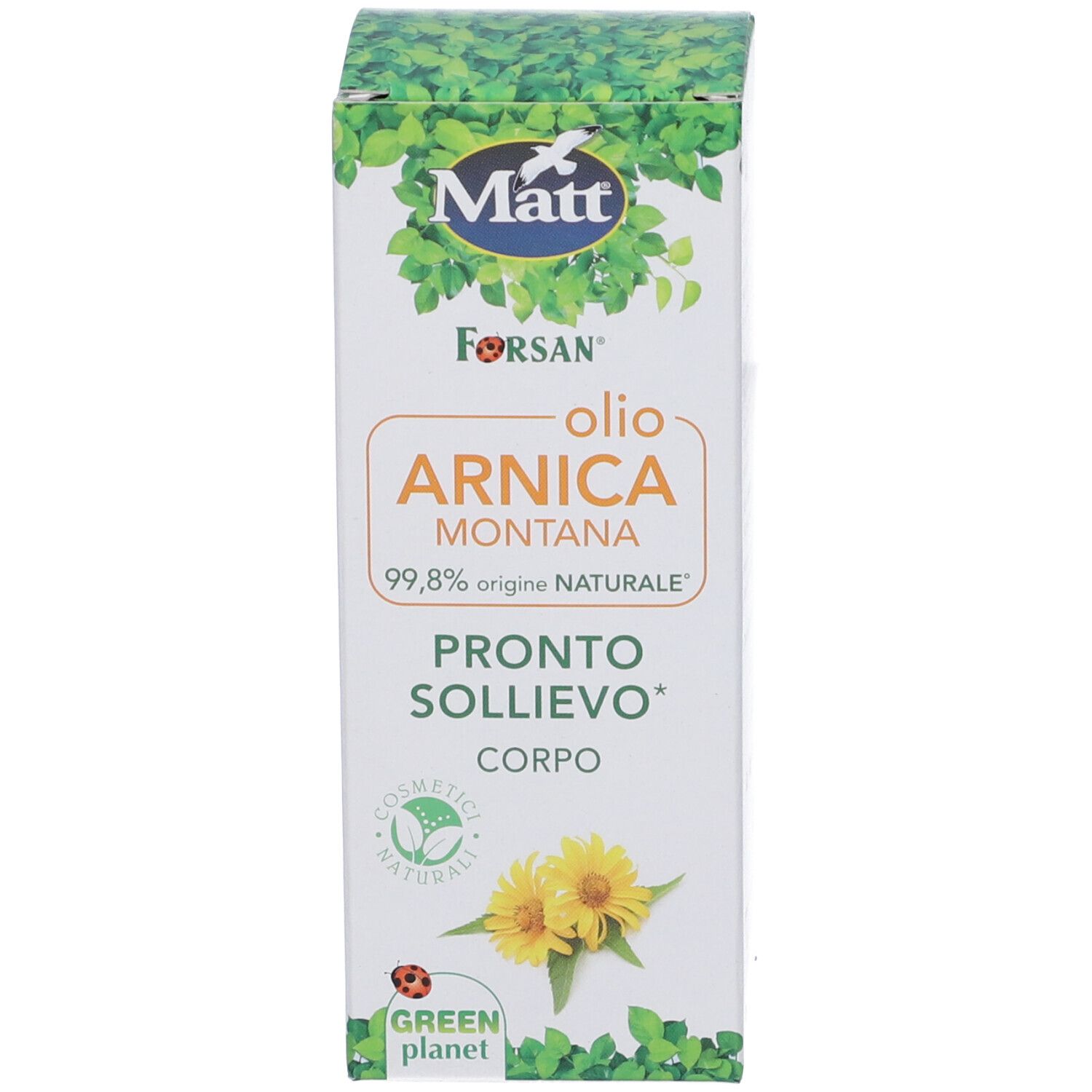 Scatola Matt Forsan Olio Arnica Montana con foglie, fiori e informazioni sul prodotto.