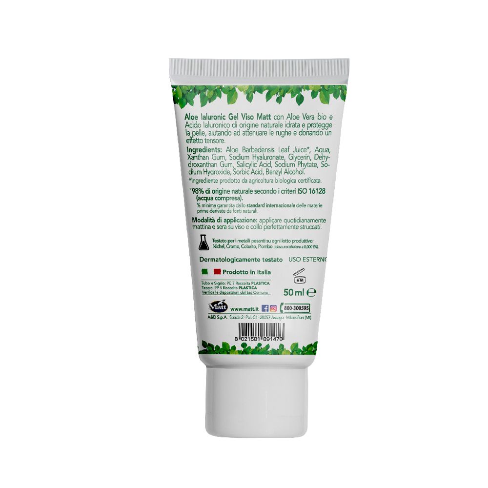 Matt Aloe Ialuronico crema viso in tubo da 50ml con dettagliate informazioni sull'applicazione.
