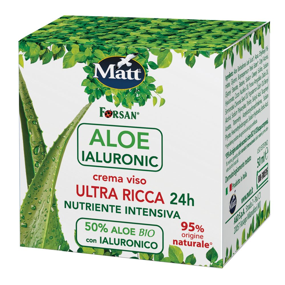 Matt Forsan Aloe Ialuronic crema viso, 50ml. Ultra ricca nutriente intensiva con 50% Aloe Bio.