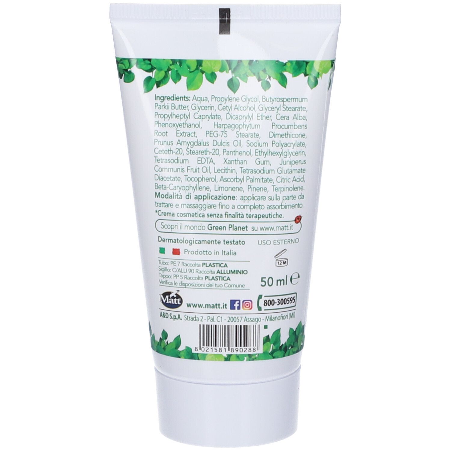 Retro di un tubo bianco con ingredienti, istruzioni per l'uso e indicazione "50 ml". Include bandiere italiana e tedesca.