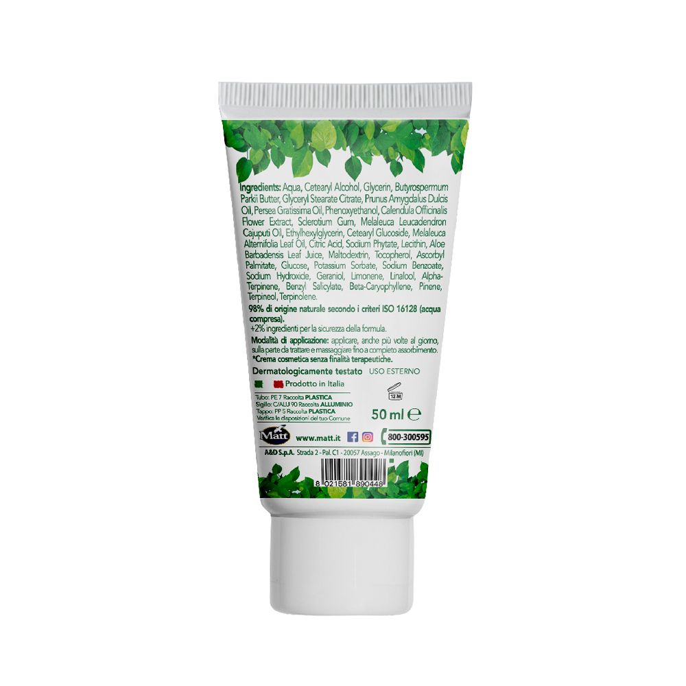 Matt Forsan Crema Multi-Uso Tea Tree & Calendula. Crema corpo lenitiva. Retro con ingredienti. Tubo 50ml.