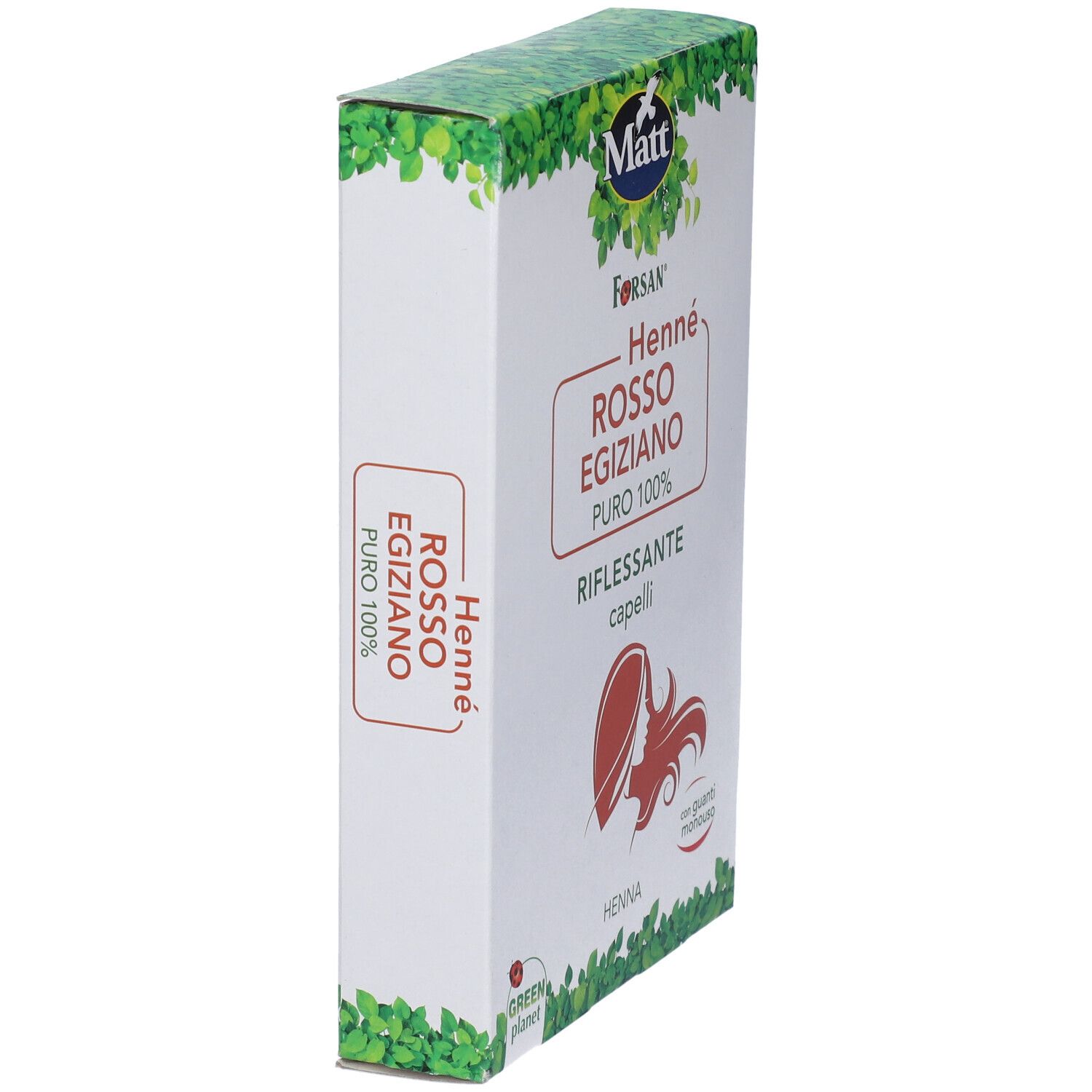 Confezione Forsan Henne' Rosso Egiziano, 100g. Vista laterale con logo Matt.