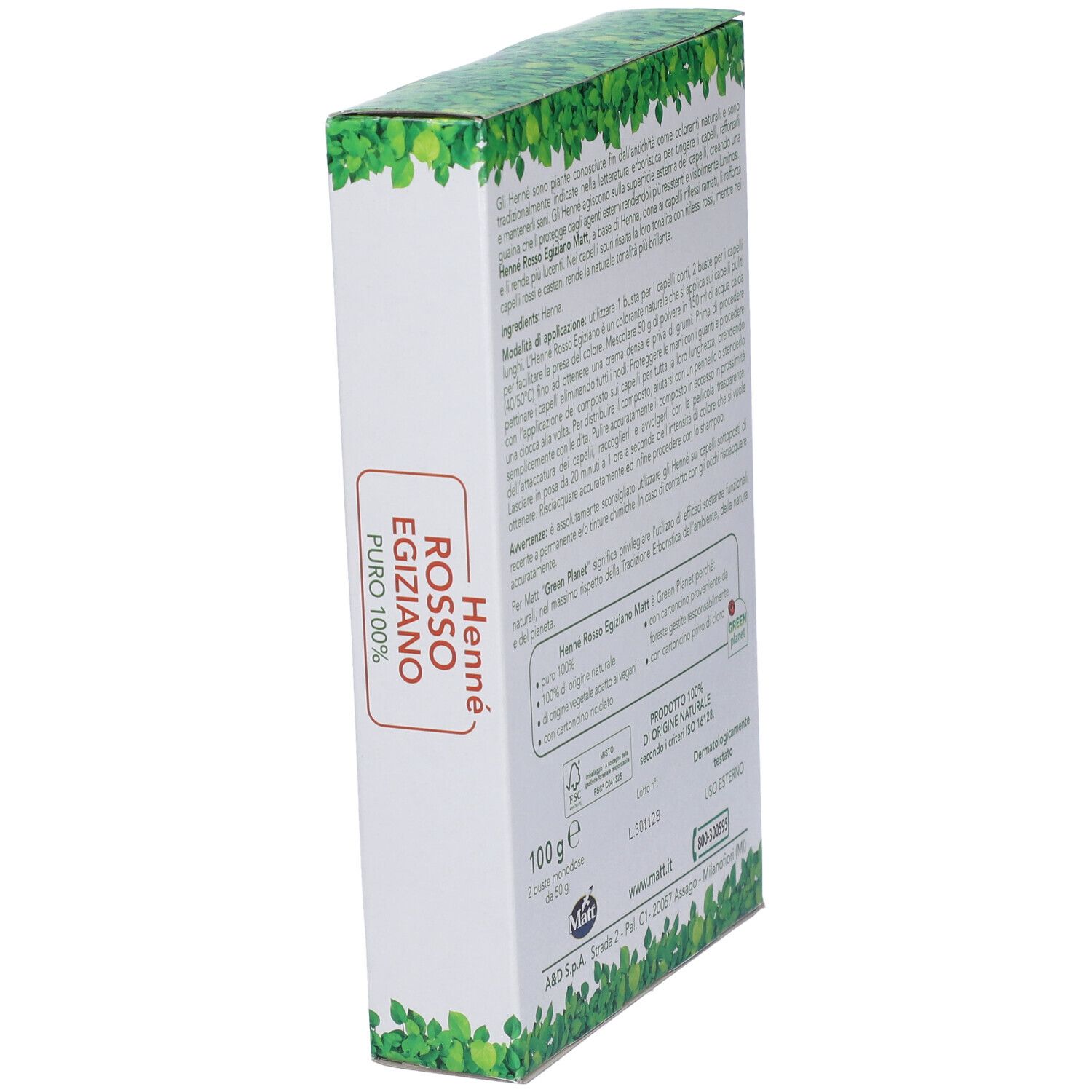 Confezione Forsan Henne' Rosso Egiziano, 100g. Vista laterale con nome prodotto.