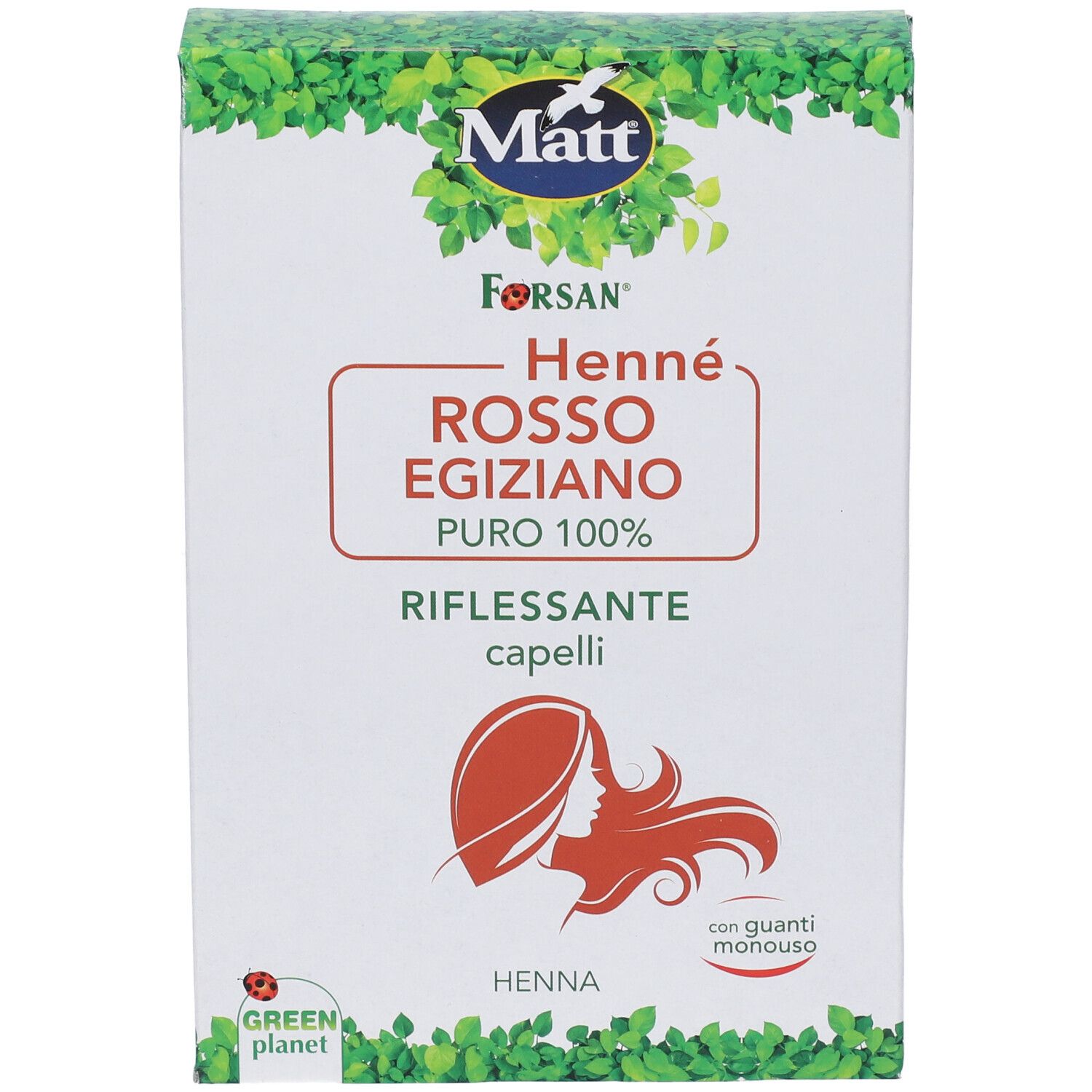 Confezione Forsan Henne' Rosso Egiziano, 100g. Fronte con logo Matt e foglie verdi.