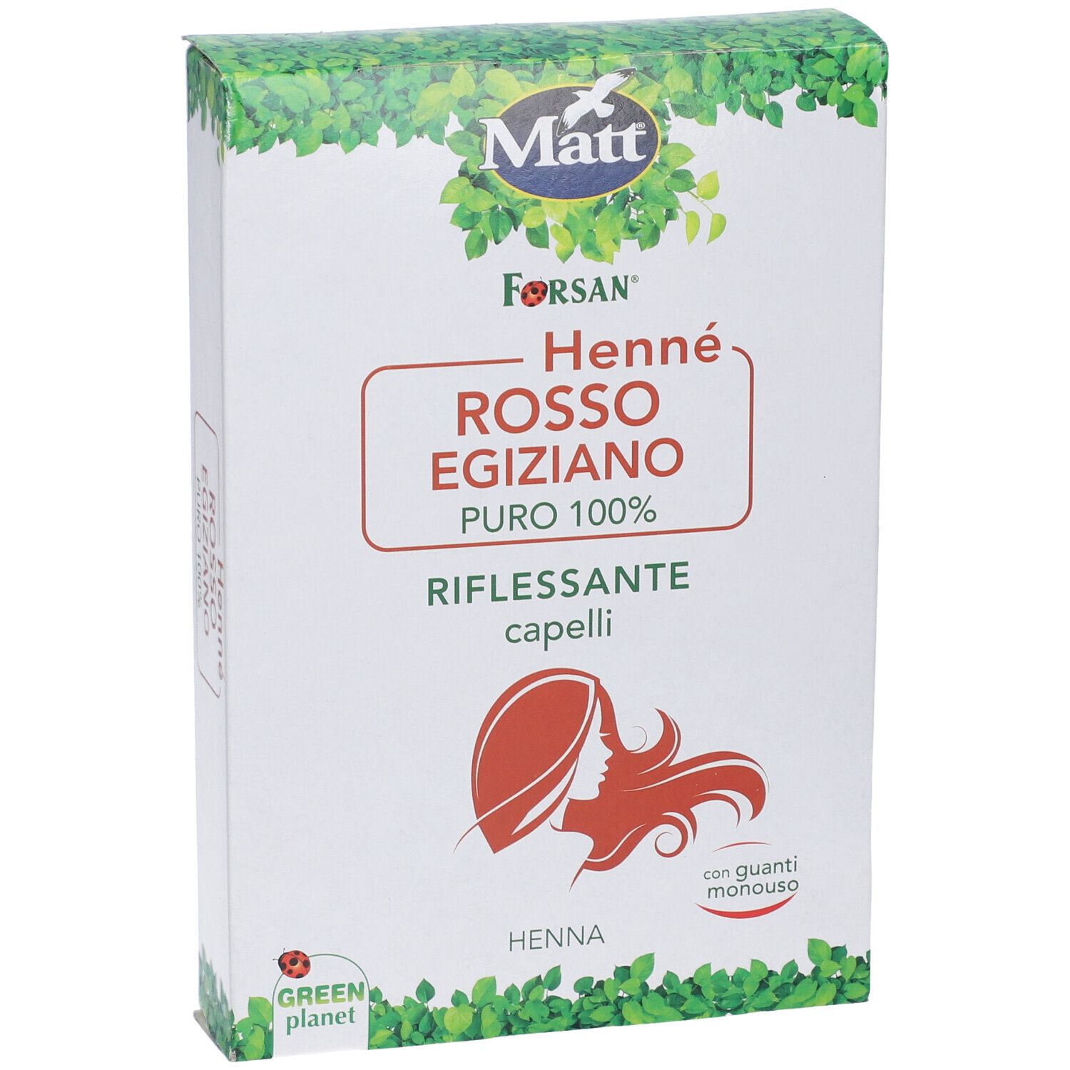 Confezione Forsan Henne' Rosso Egiziano, 100g. Fronte con logo Matt e foglie verdi.