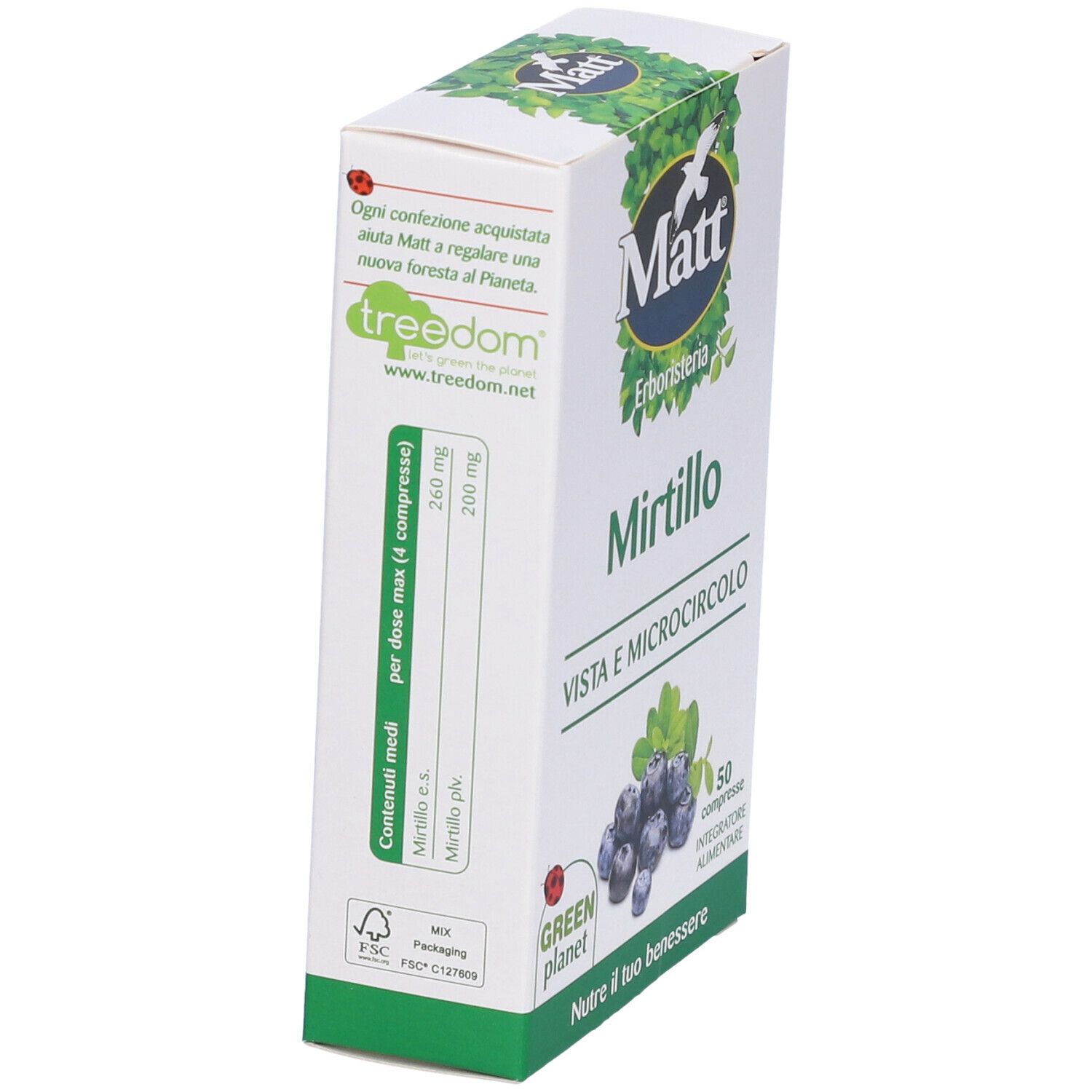 Scatola bianca inclinata con logo "Matt" e scritta "Mirtillo". Contiene 50 compresse. "Vista e Microcircolo".